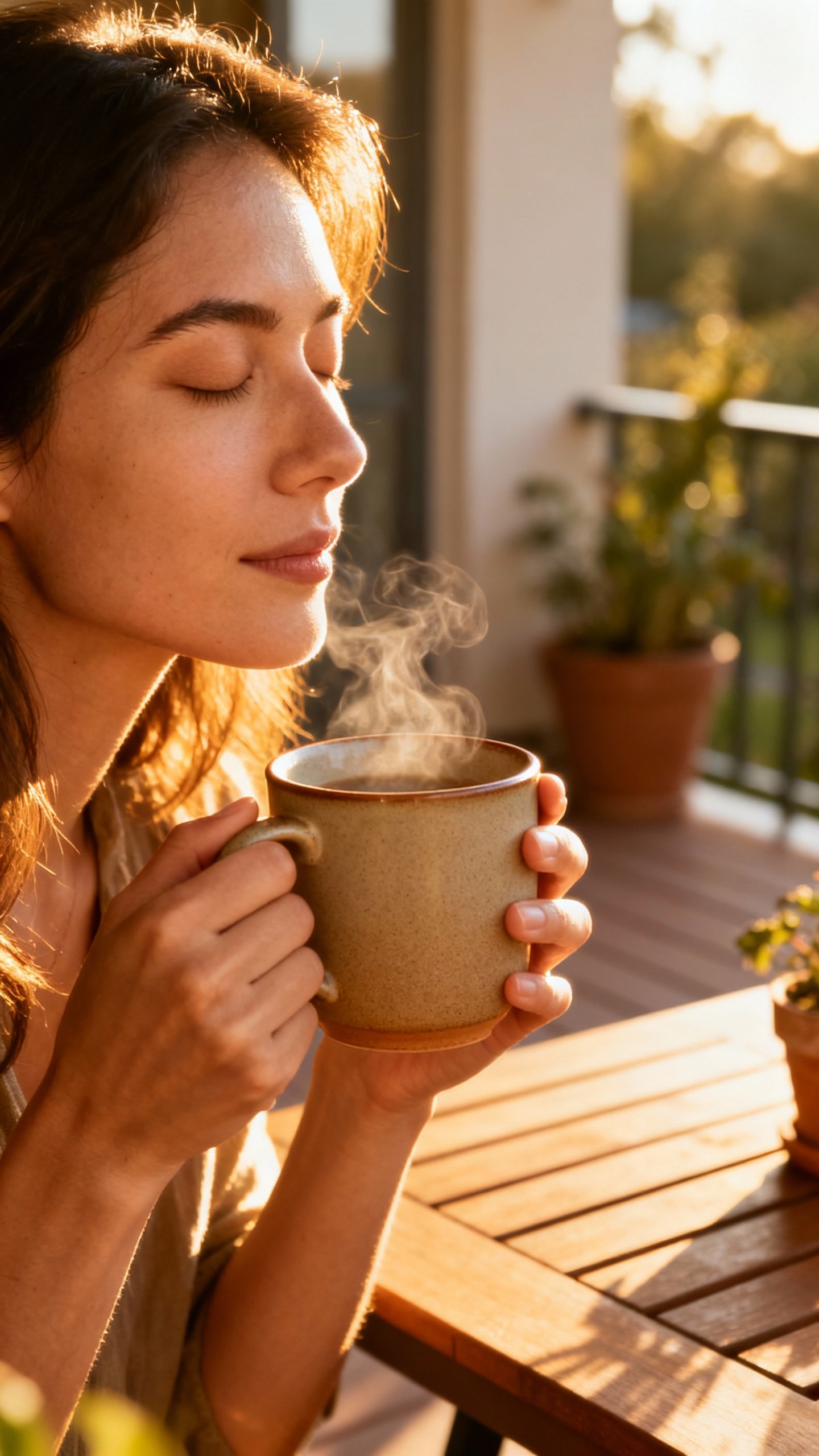 Female hands holding warm ceramic mug in sunbeam, eyes closed, outdoor patio