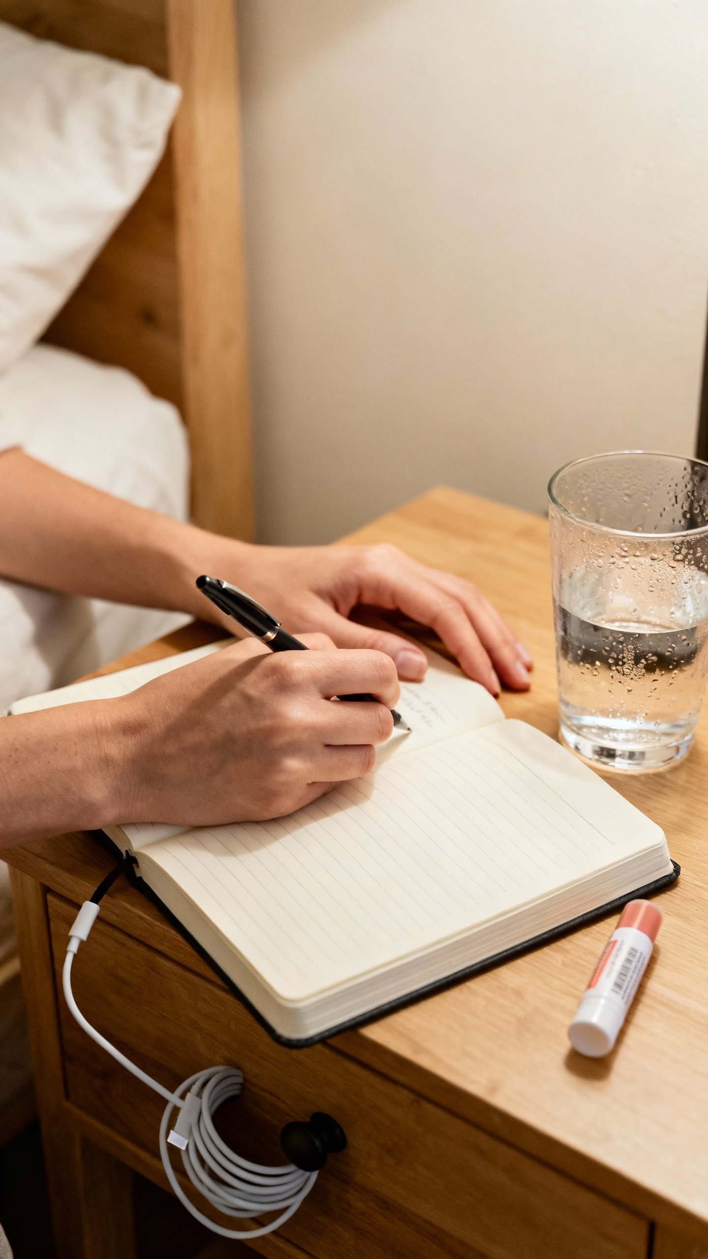 Female hands journaling at nightstand, water glass, lip balm, tucked charging cord