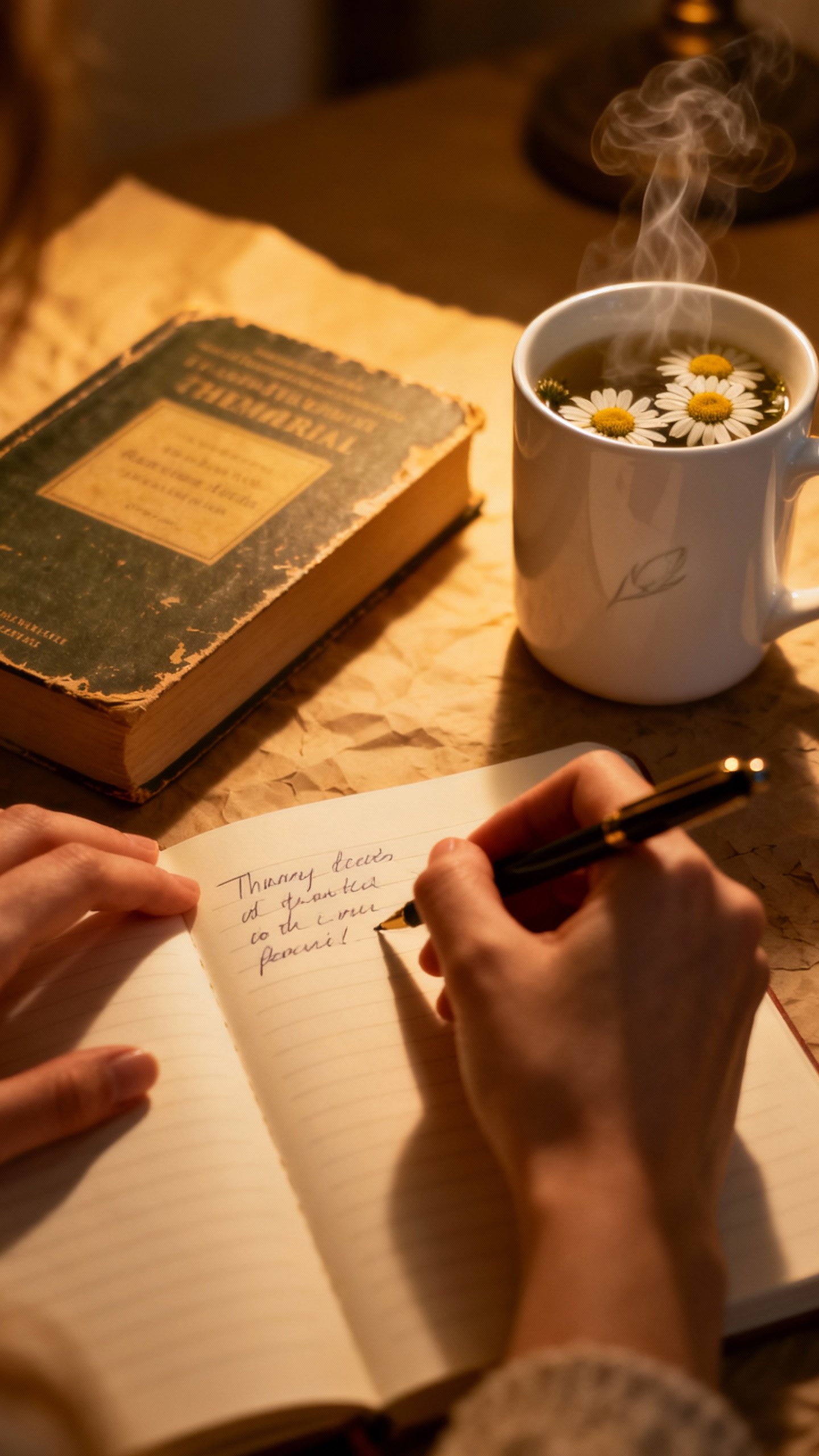 Female hands journaling beside paperback and chamomile mug, soft lamplight
