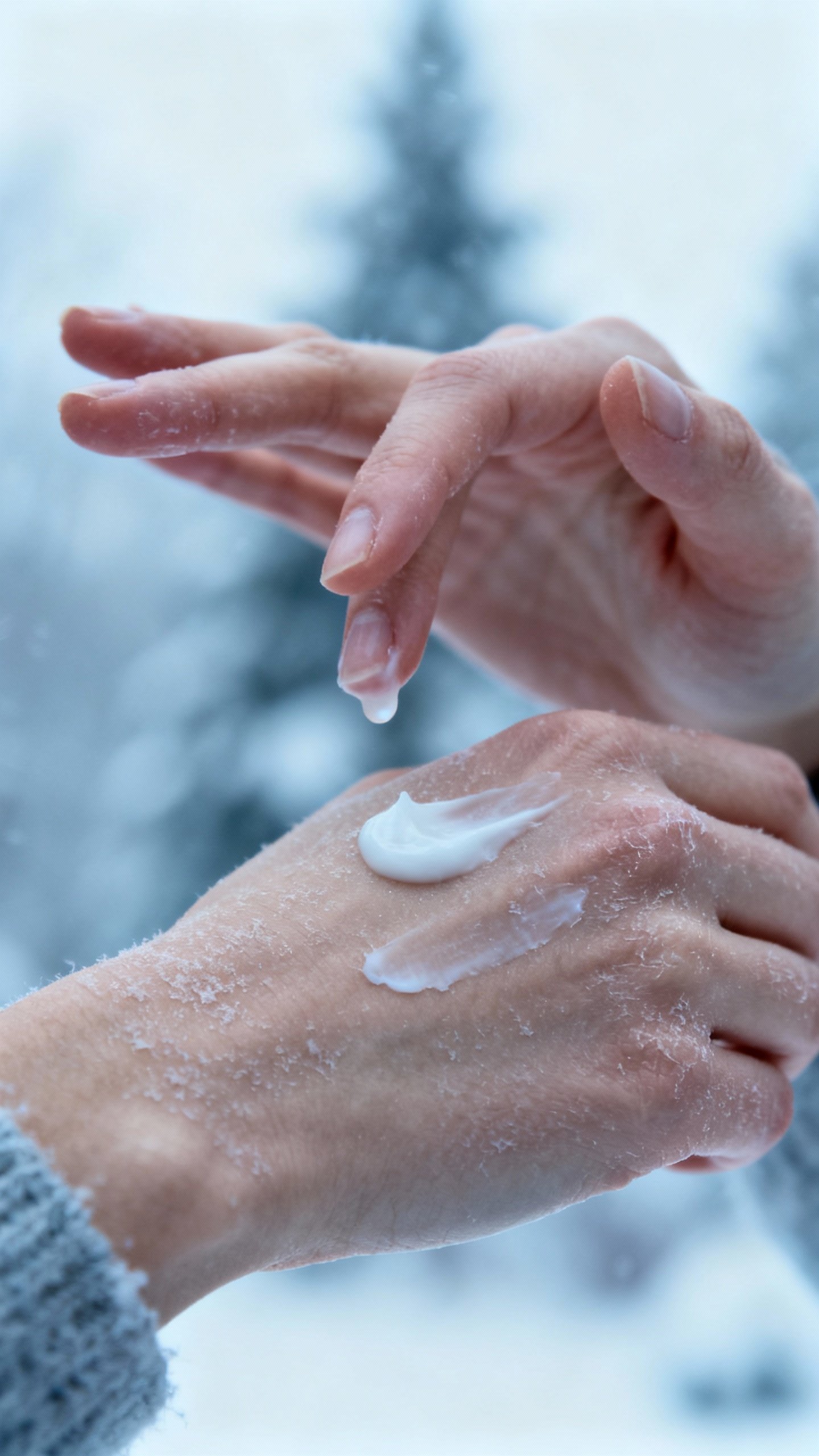 Female hands layering hyaluronic serum and ceramide cream, winter-dry skin