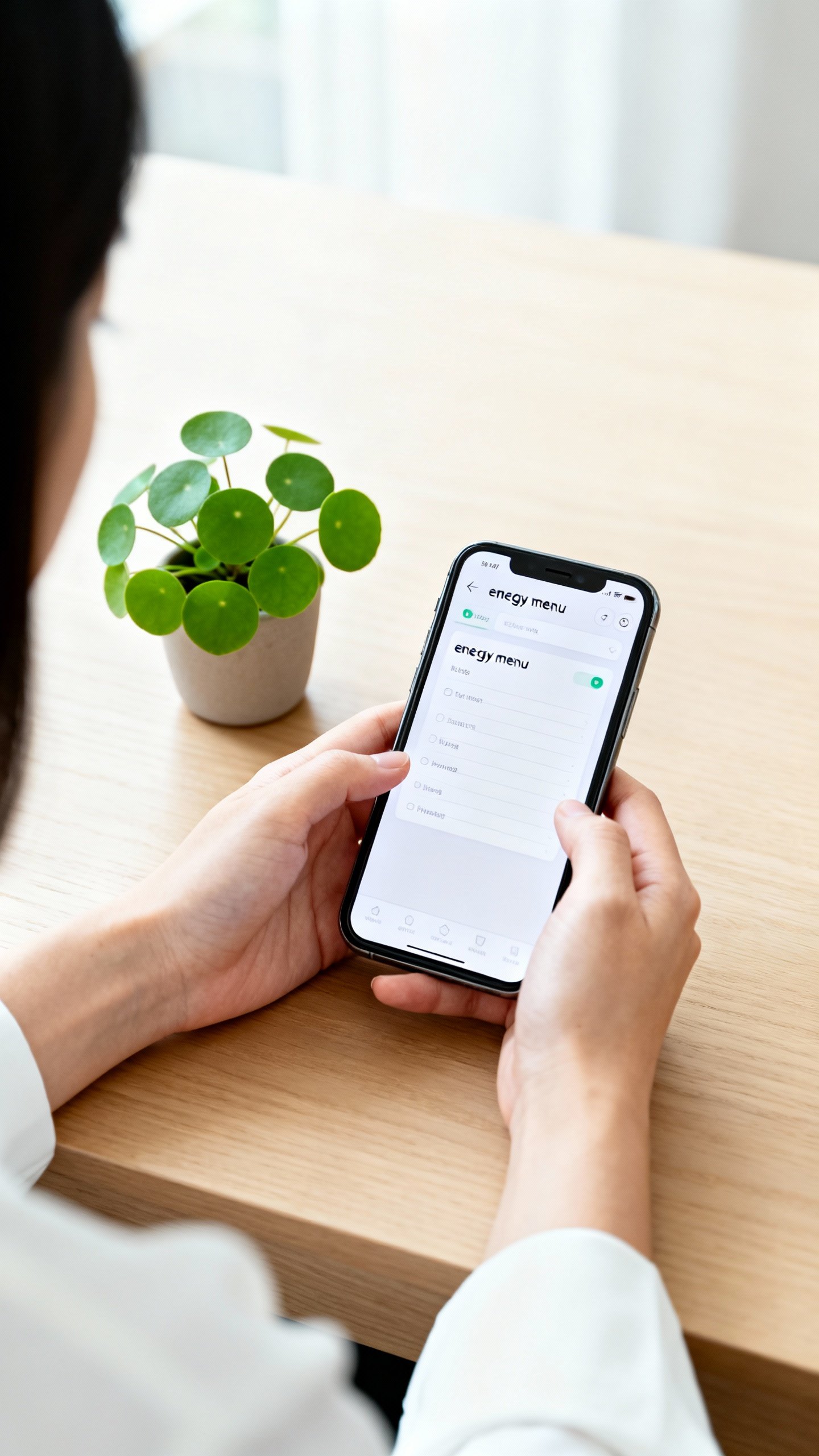 Female hands opening notes app “energy menu” on phone, desk plant