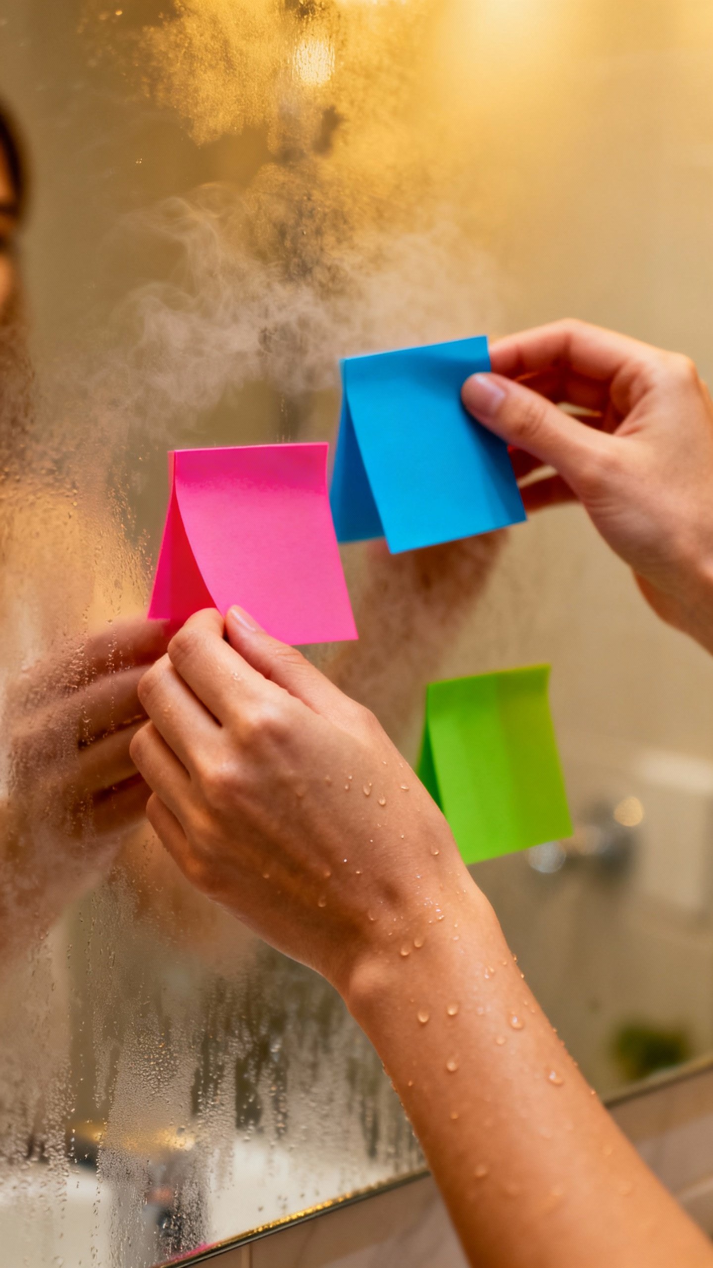 Female hands placing neon sticky notes on mirror, bathroom steam