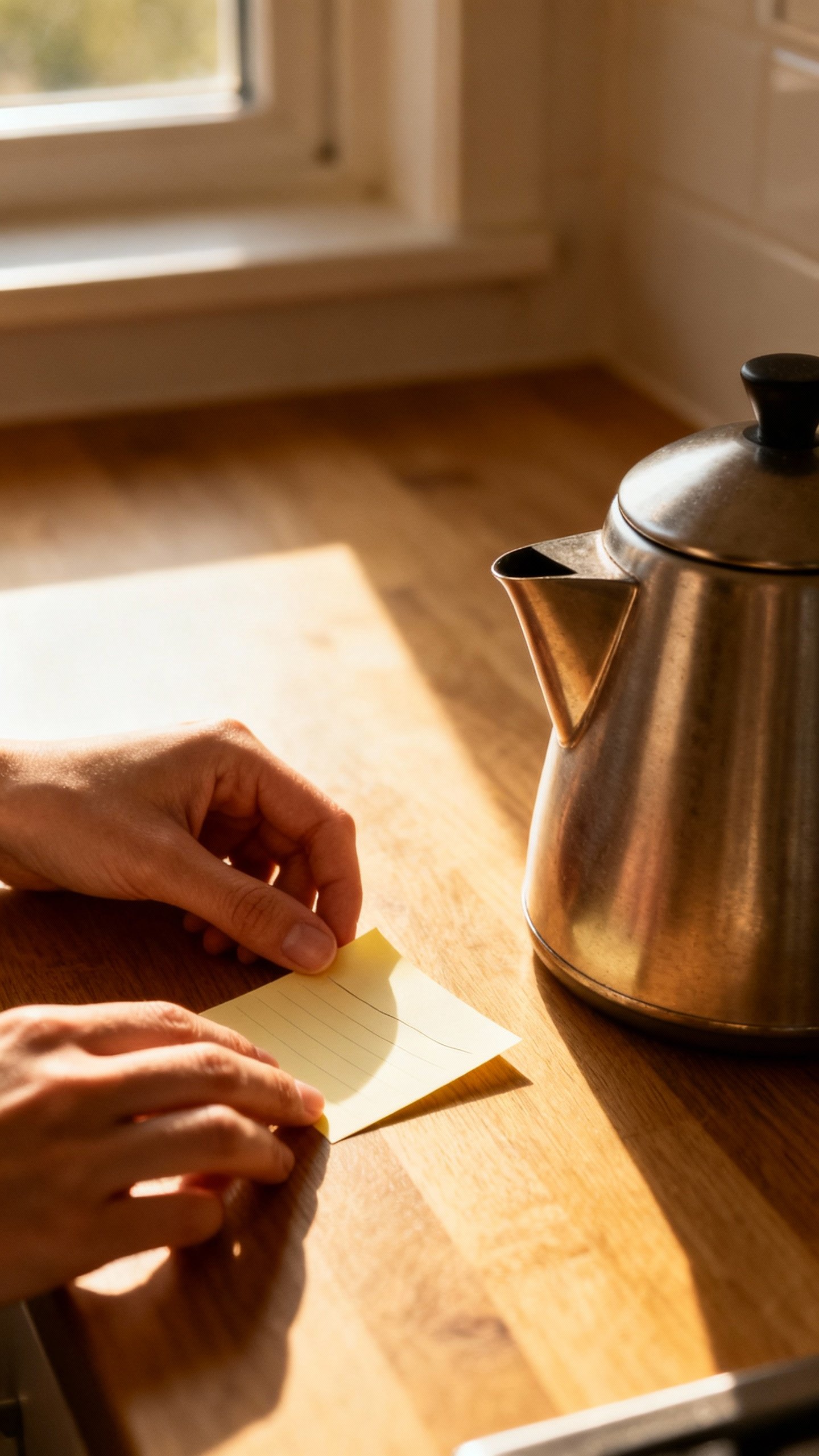 Female hands placing sticky note by kettle, soft morning window light