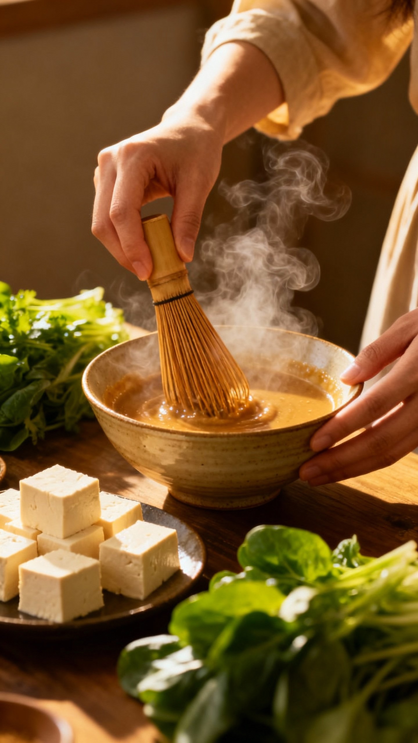 Female hands whisking miso in steam, tofu cubes, greens