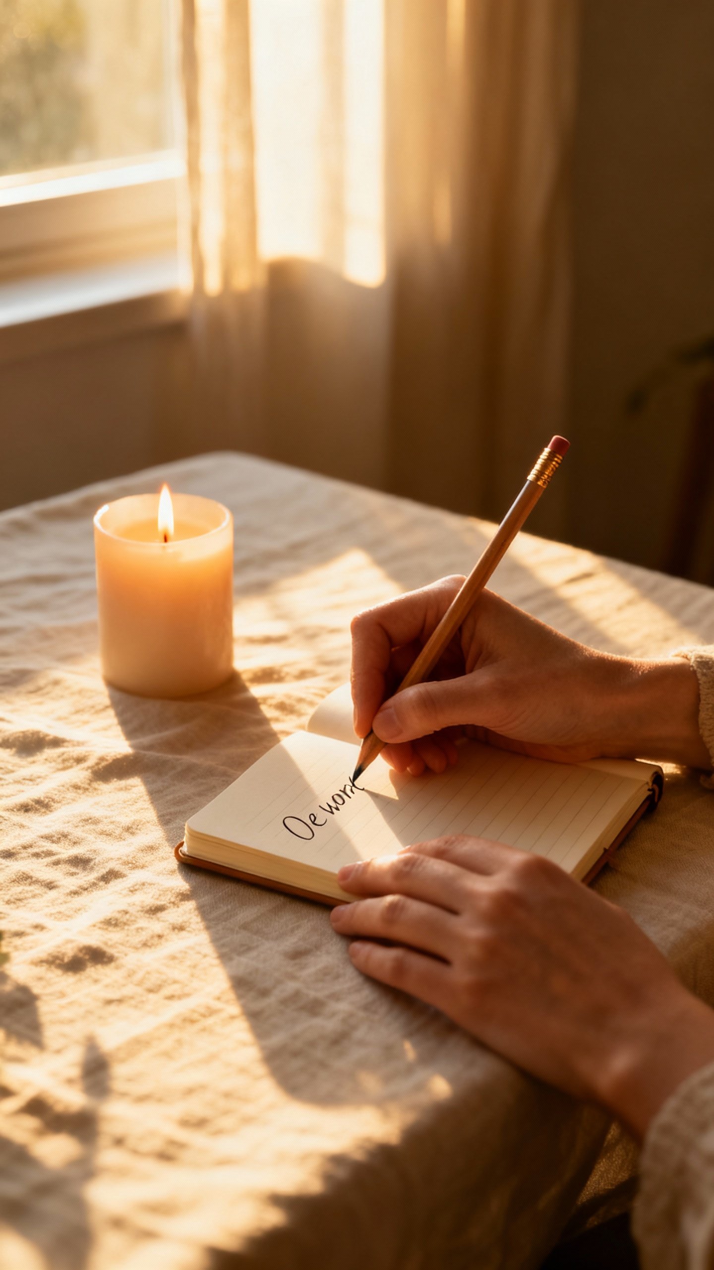 Female hands writing one-word intention in small notebook, candle flame nearby, morning window light