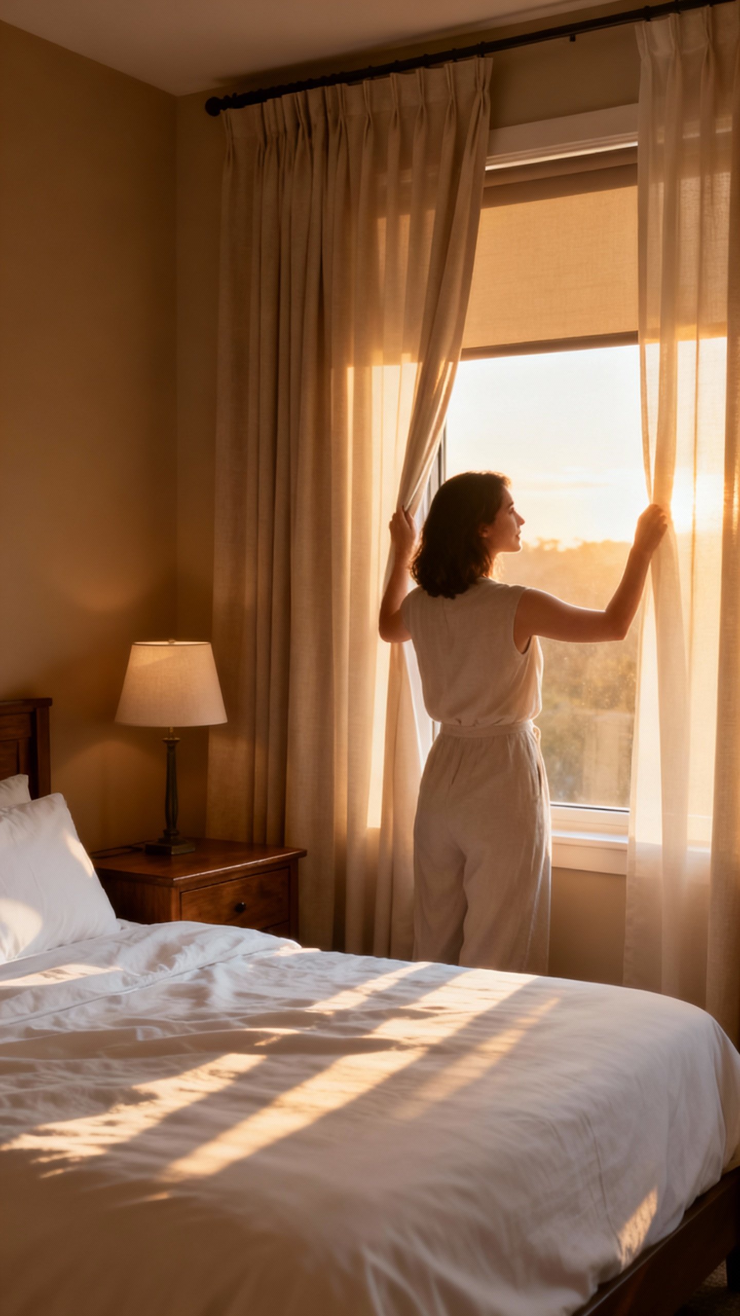 Female opening blackout curtains, soft sunrise glow on neutral bedroom