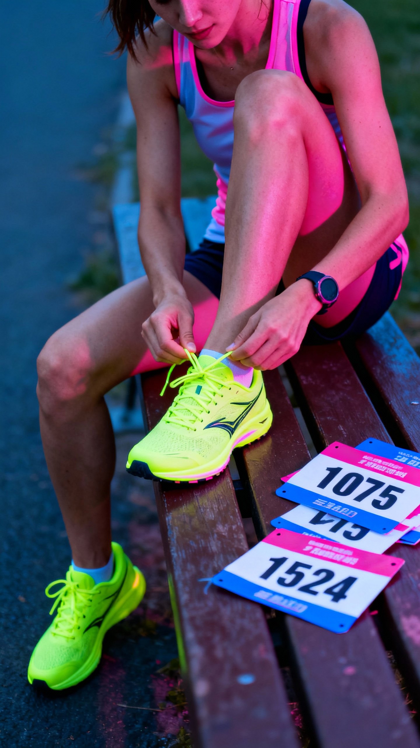 Female runner lacing neon shoes beside race bibs