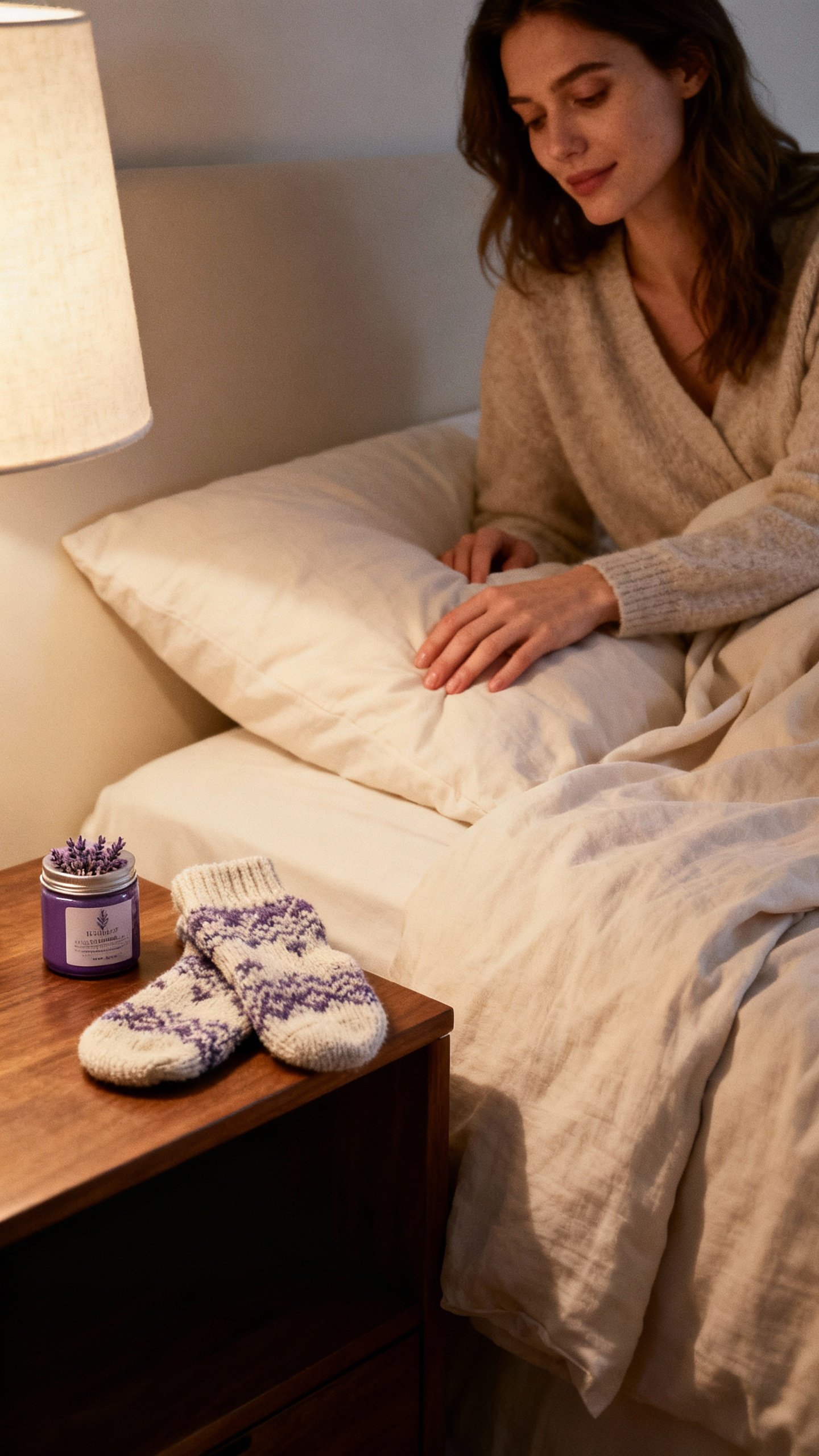 Female smoothing bed sheets, lavender balm and cozy socks on nightstand