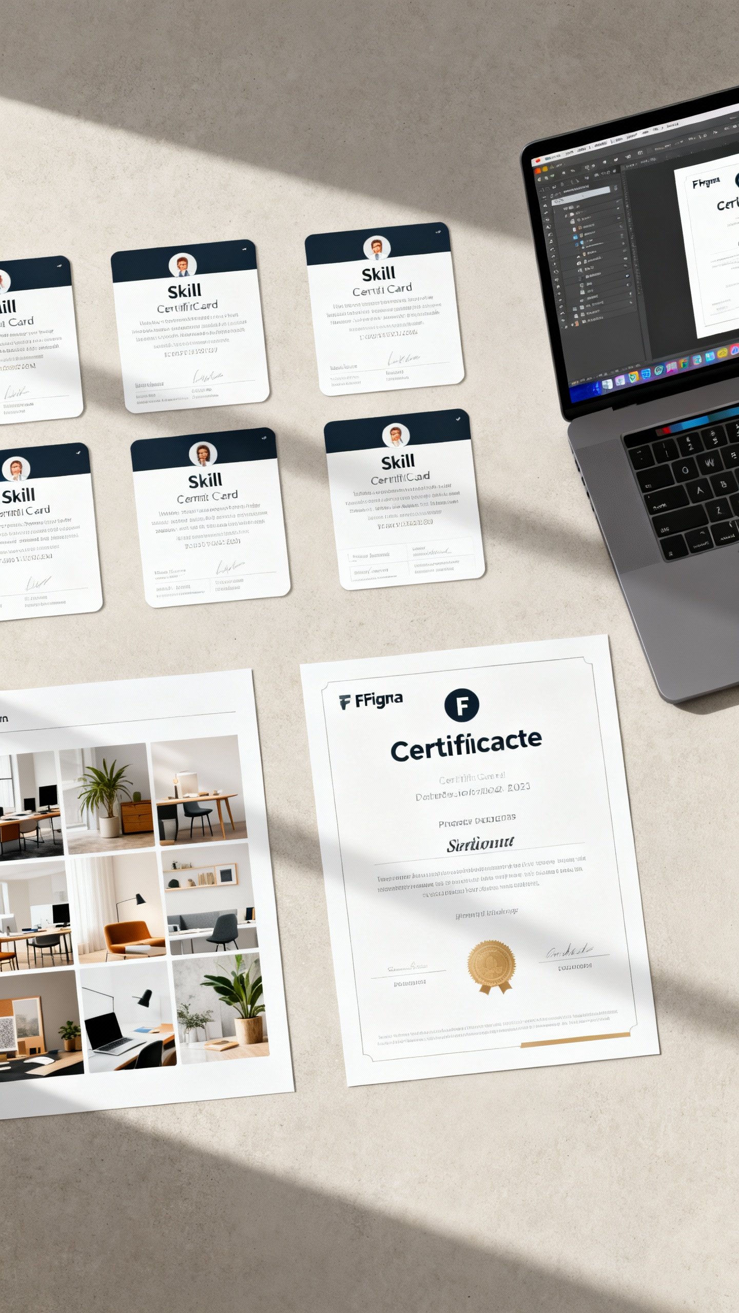 Flat lay: skill cards, certificate screenshot printouts, mock project thumbnails, laptop with Figma 