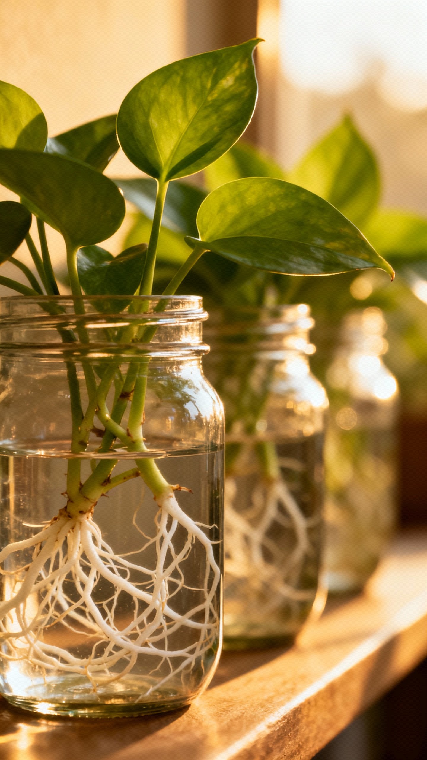Glass jars propagation station, pothos cuttings sprouting roots, warm afternoon light