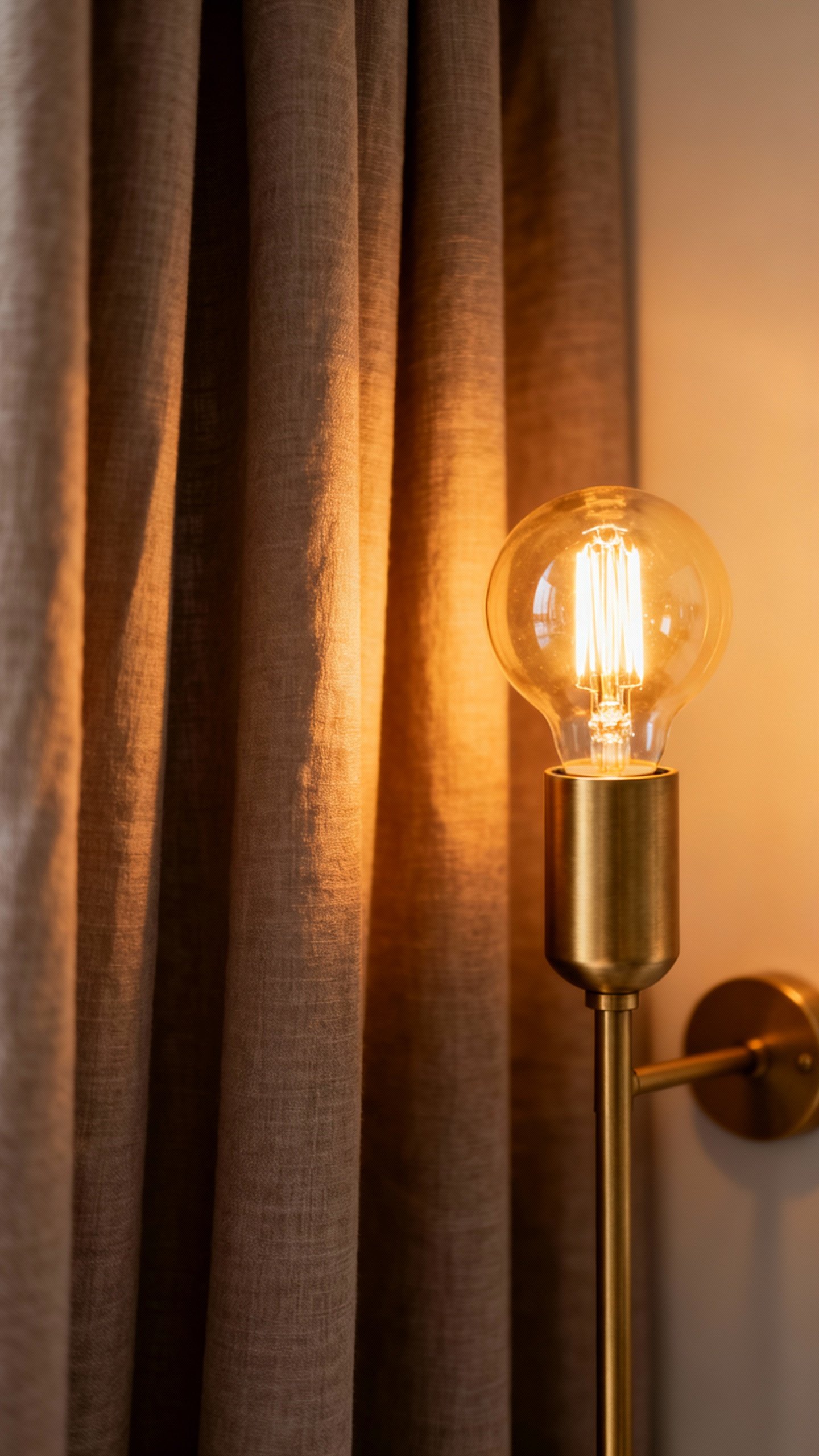 Golden hour lamp with 2700K bulb, brushed brass base, heavy taupe curtains