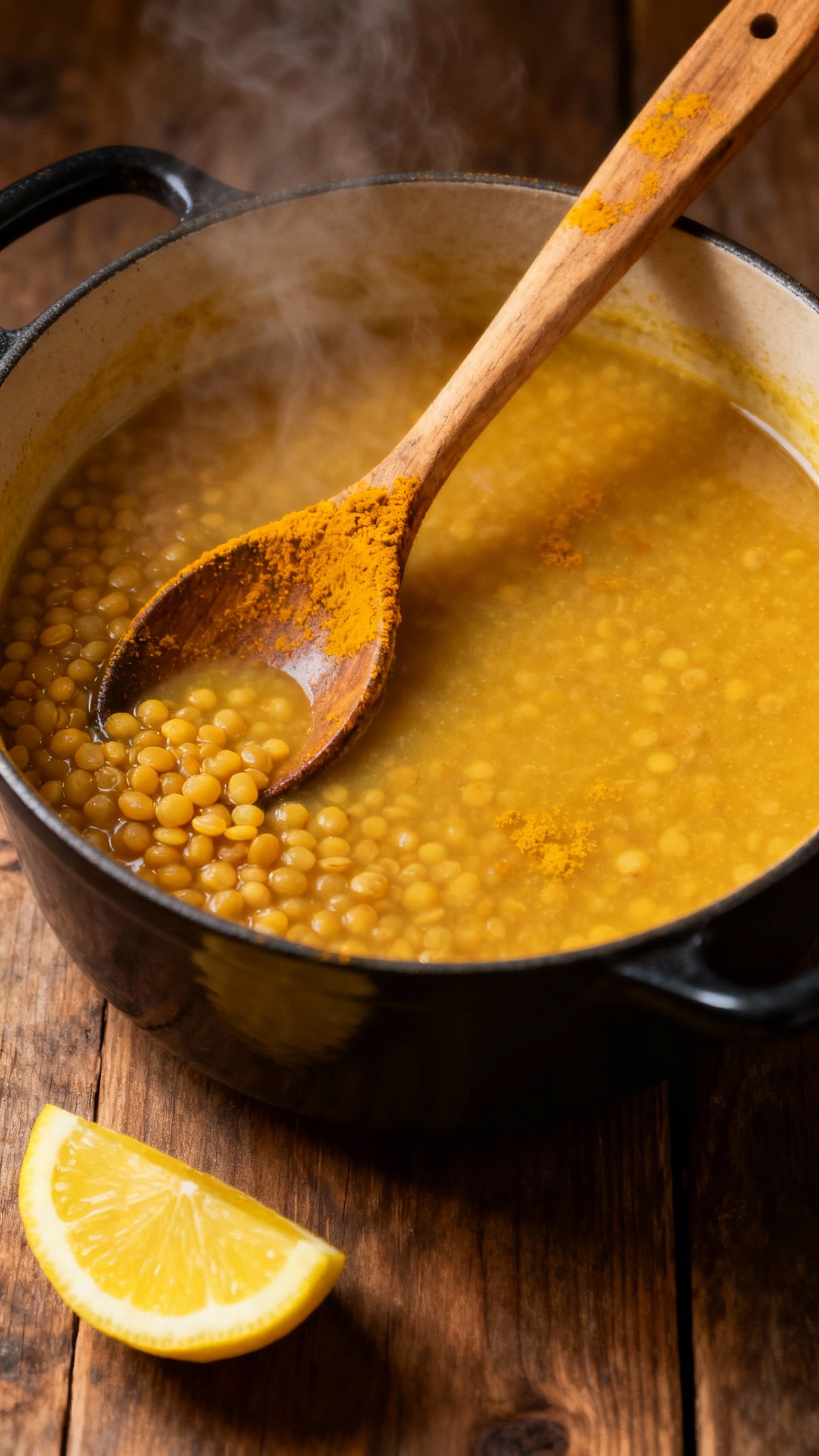 Golden lentil soup simmering in pot, turmeric-stained wooden spoon, lemon wedge nearby