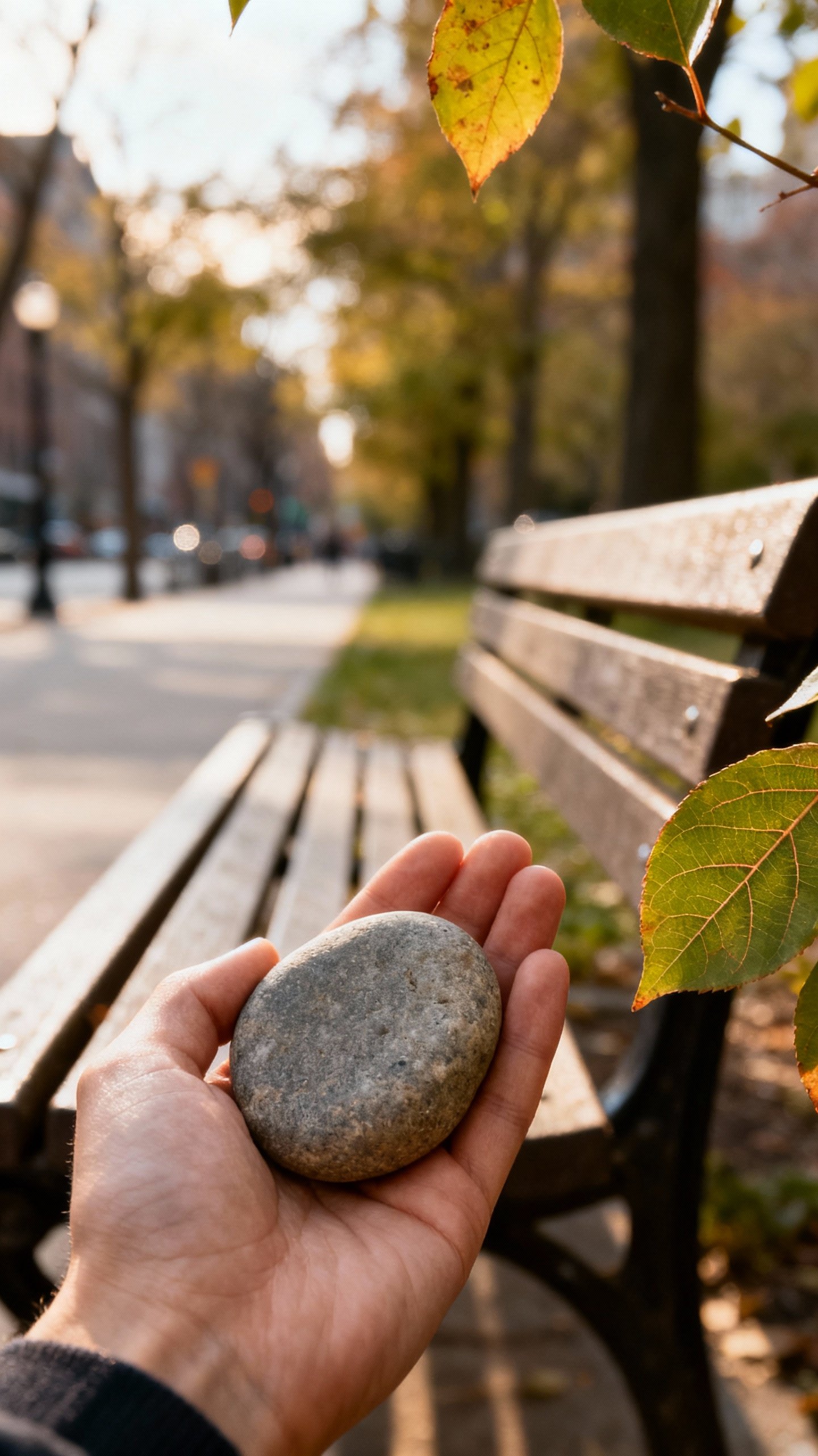 Hand holding smooth river stone near city park bench, shallow depth, leaf veins and distant street t