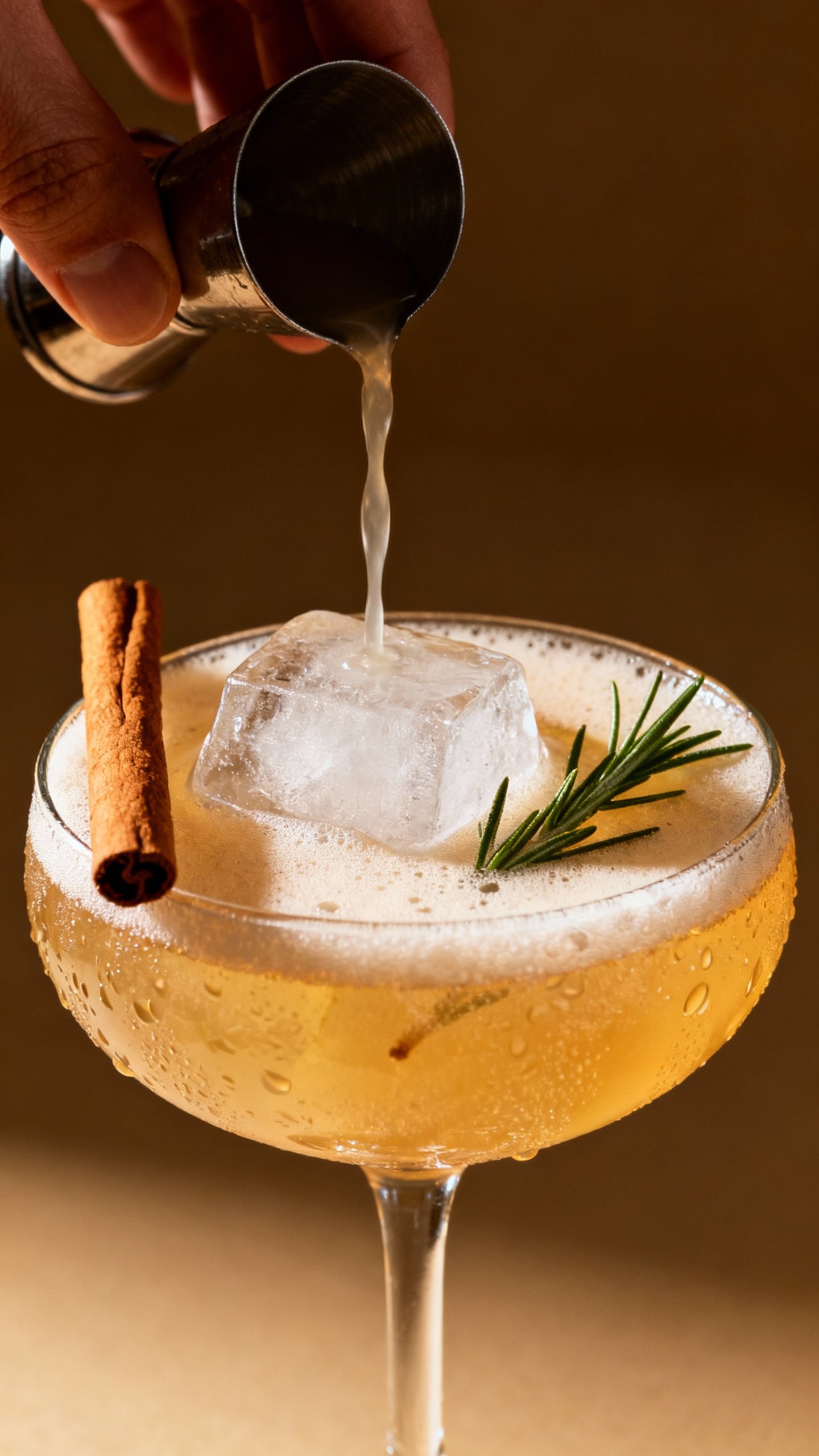 Hand pouring Spiced Pear Fizz into coupe, cinnamon stick, big ice, rosemary