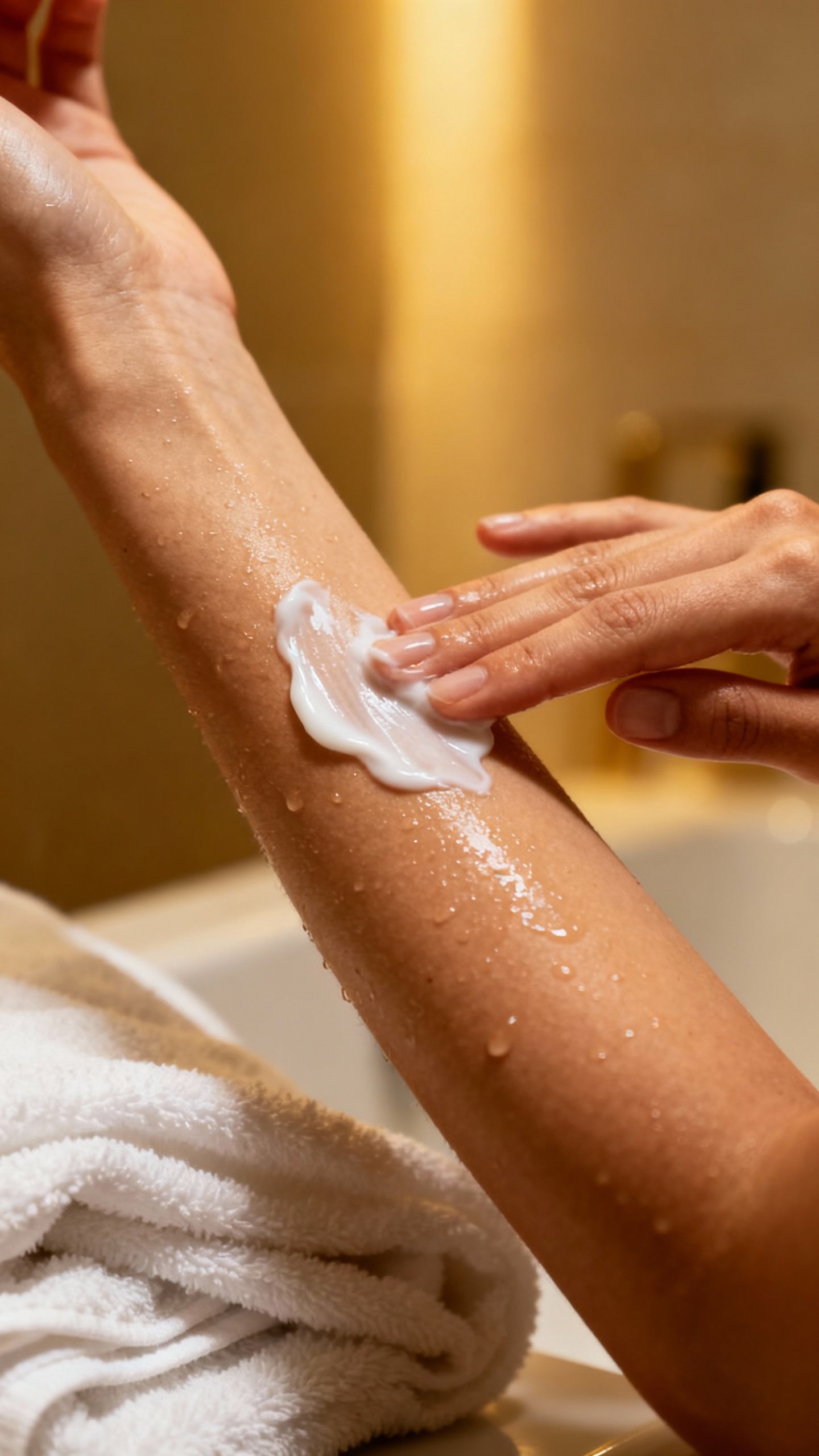 Hands applying ceramide moisturizer on damp skin, bathroom light, white towel