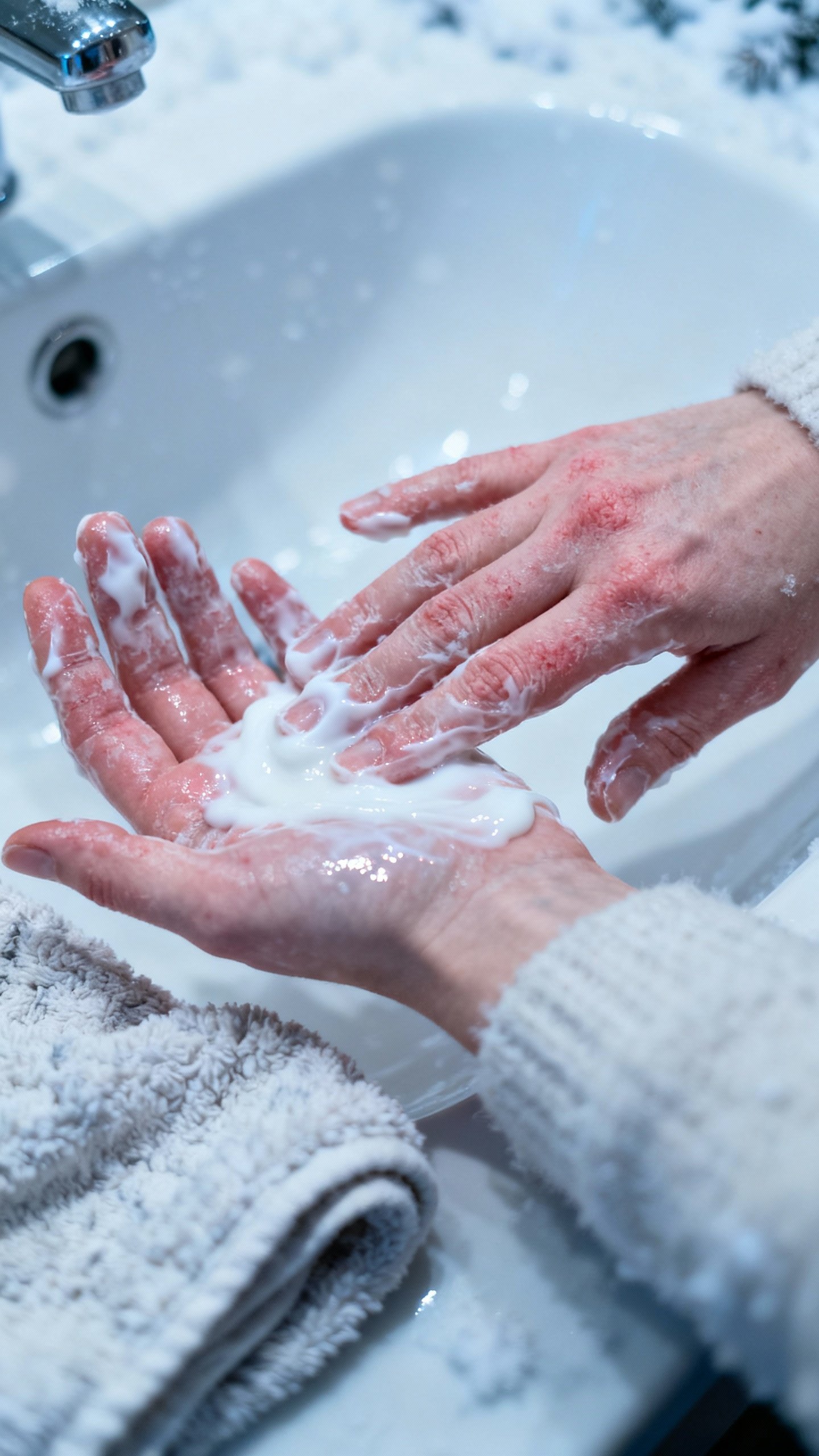 Hands applying thick hand cream after sink wash, winter-dry skin, soft towel