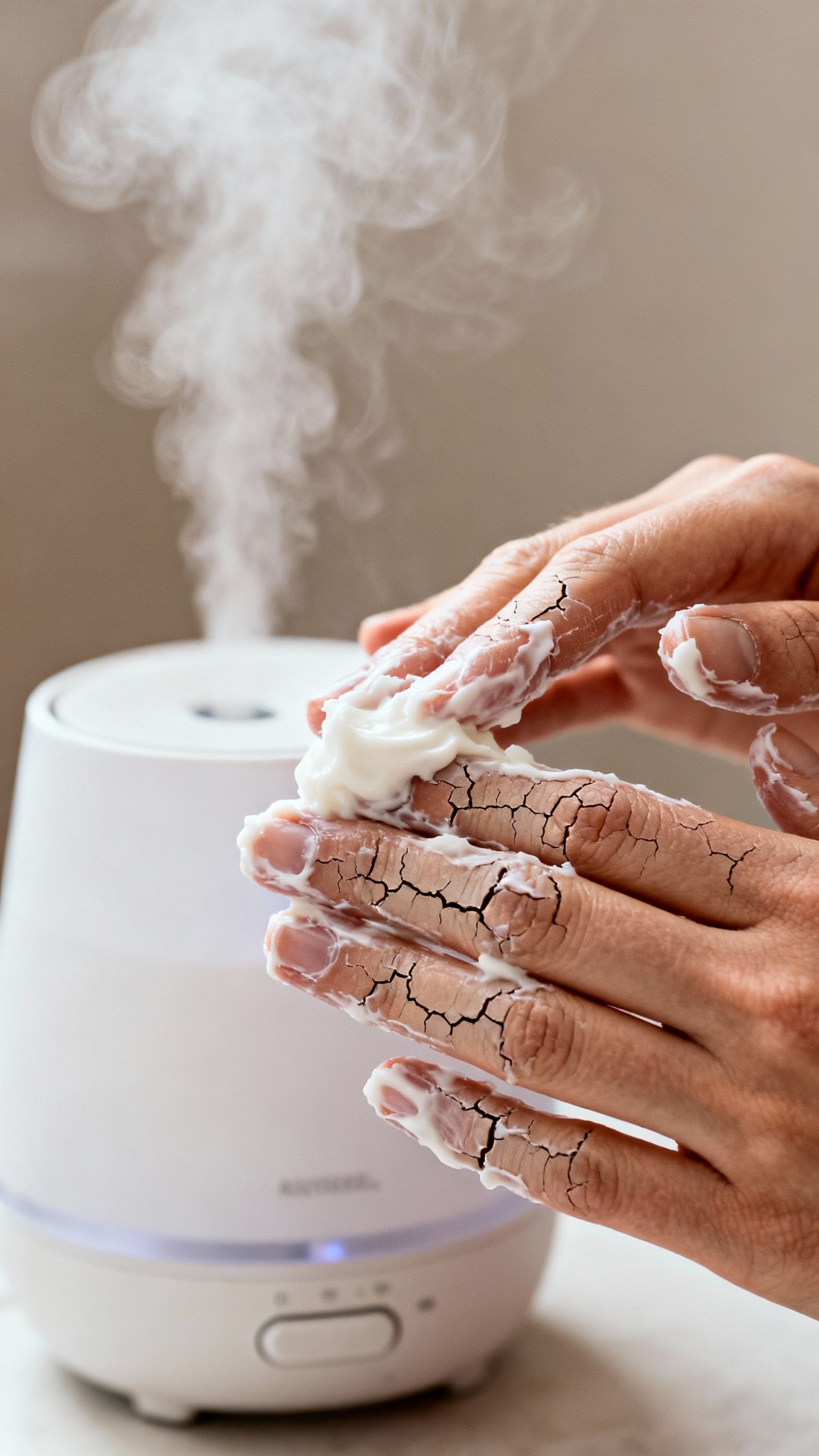 Hands applying thick moisturizer, cracked winter skin, humidifier mist in background