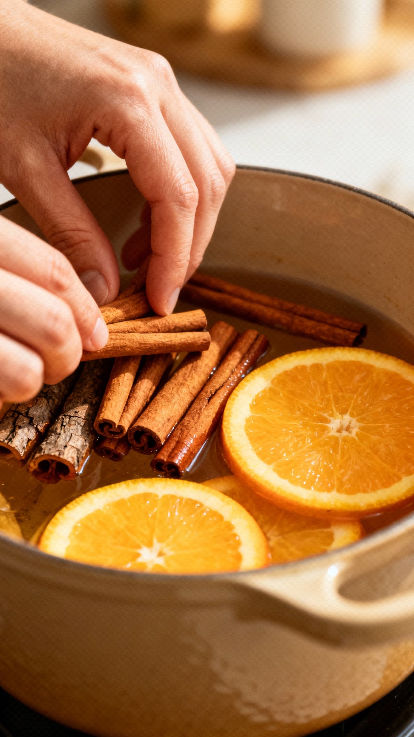 Hands arranging cinnamon sticks and orange slices in simmer pot