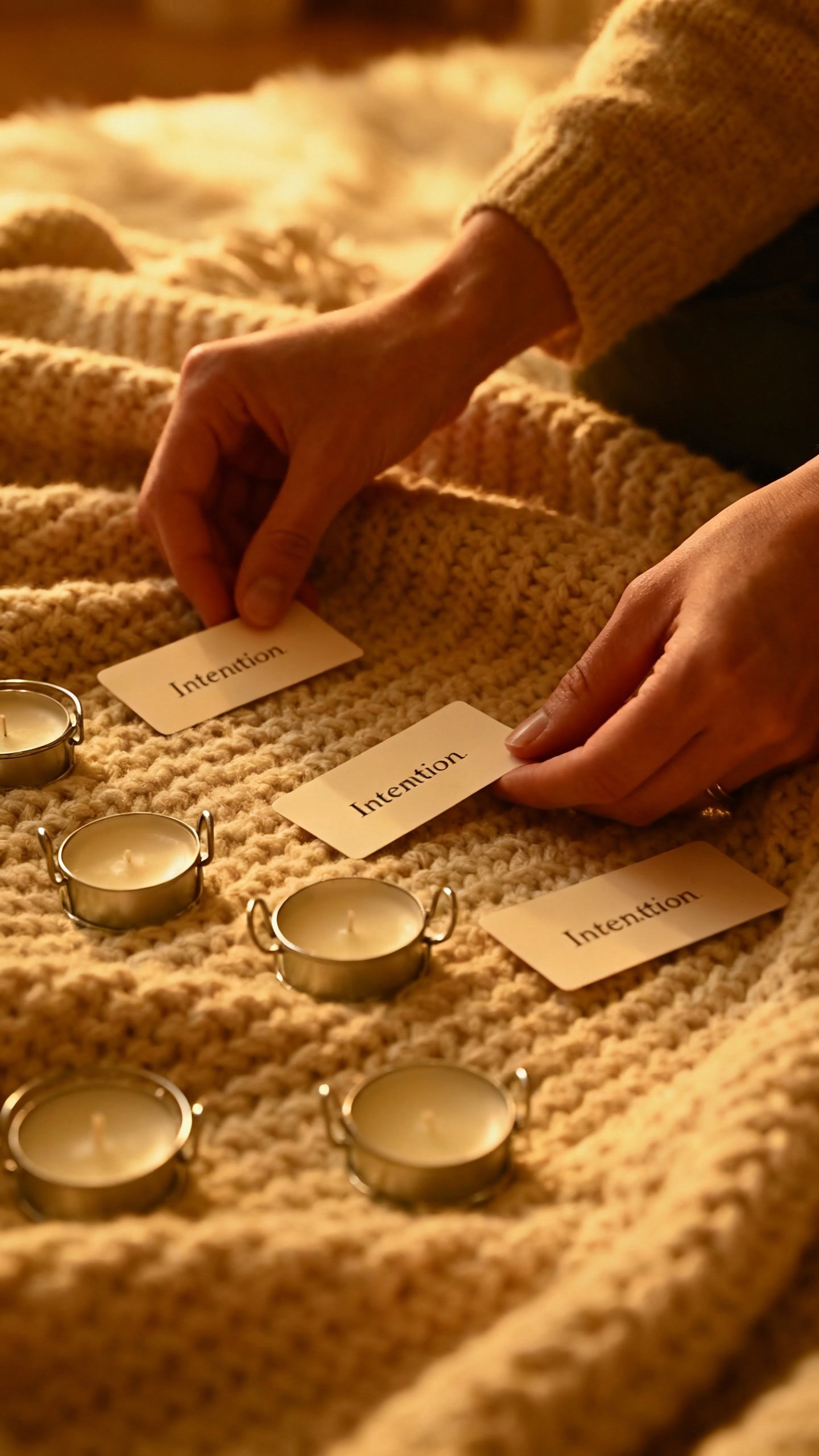 Hands arranging intention cards and tealight candles on knit throw