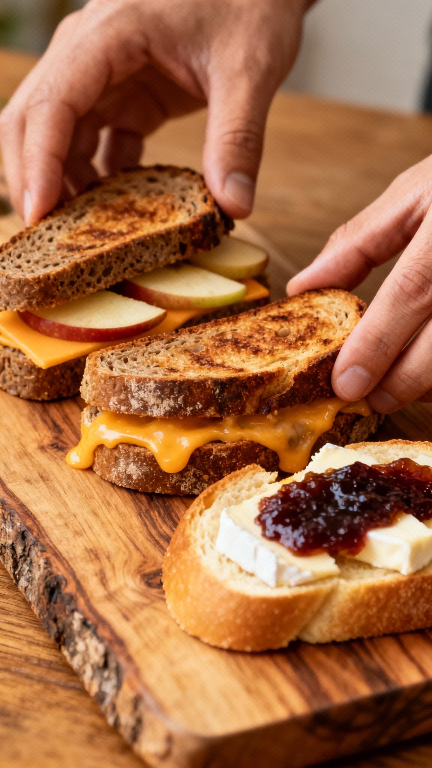 Hands assembling grilled cheese flight: rye cheddar apple, brioche brie fig, rustic board