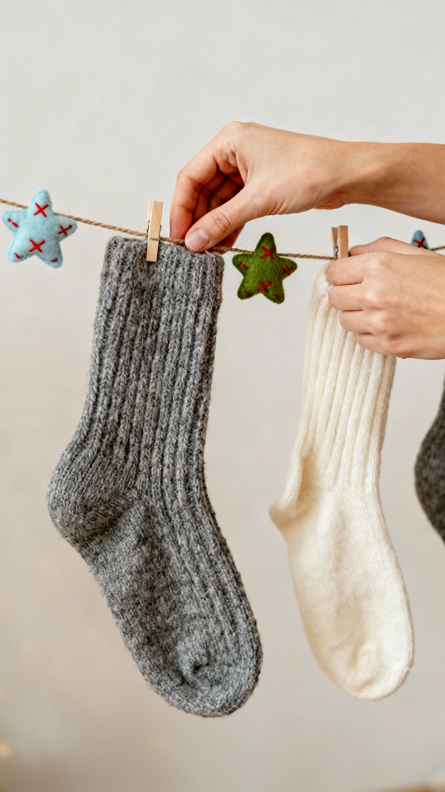 Hands clipping mismatched wool socks to twine advent line with tiny felt stars and red stitching