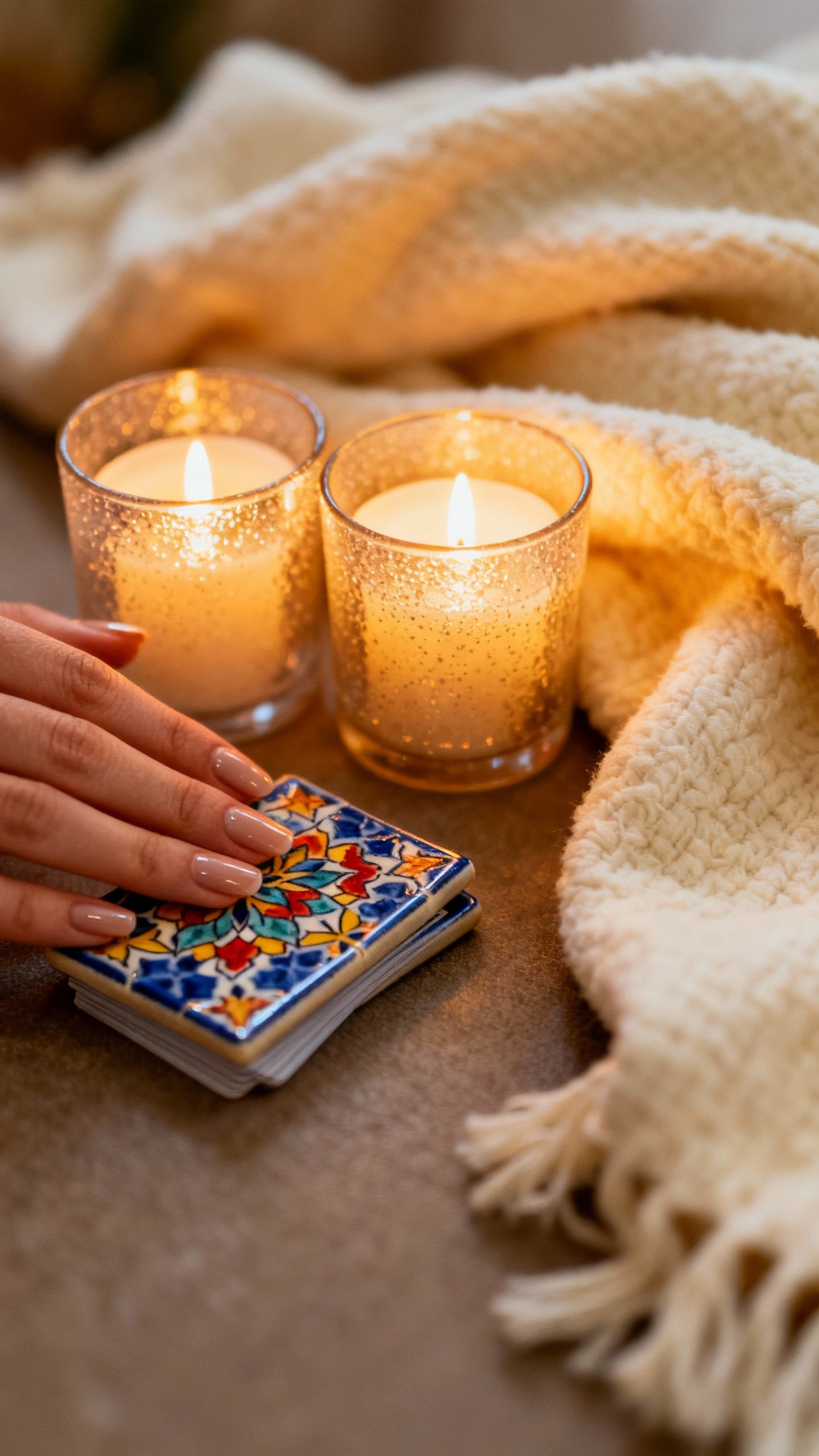 Hands dealing Azul tiles beside battery tea lights, soft throw blanket nearby
