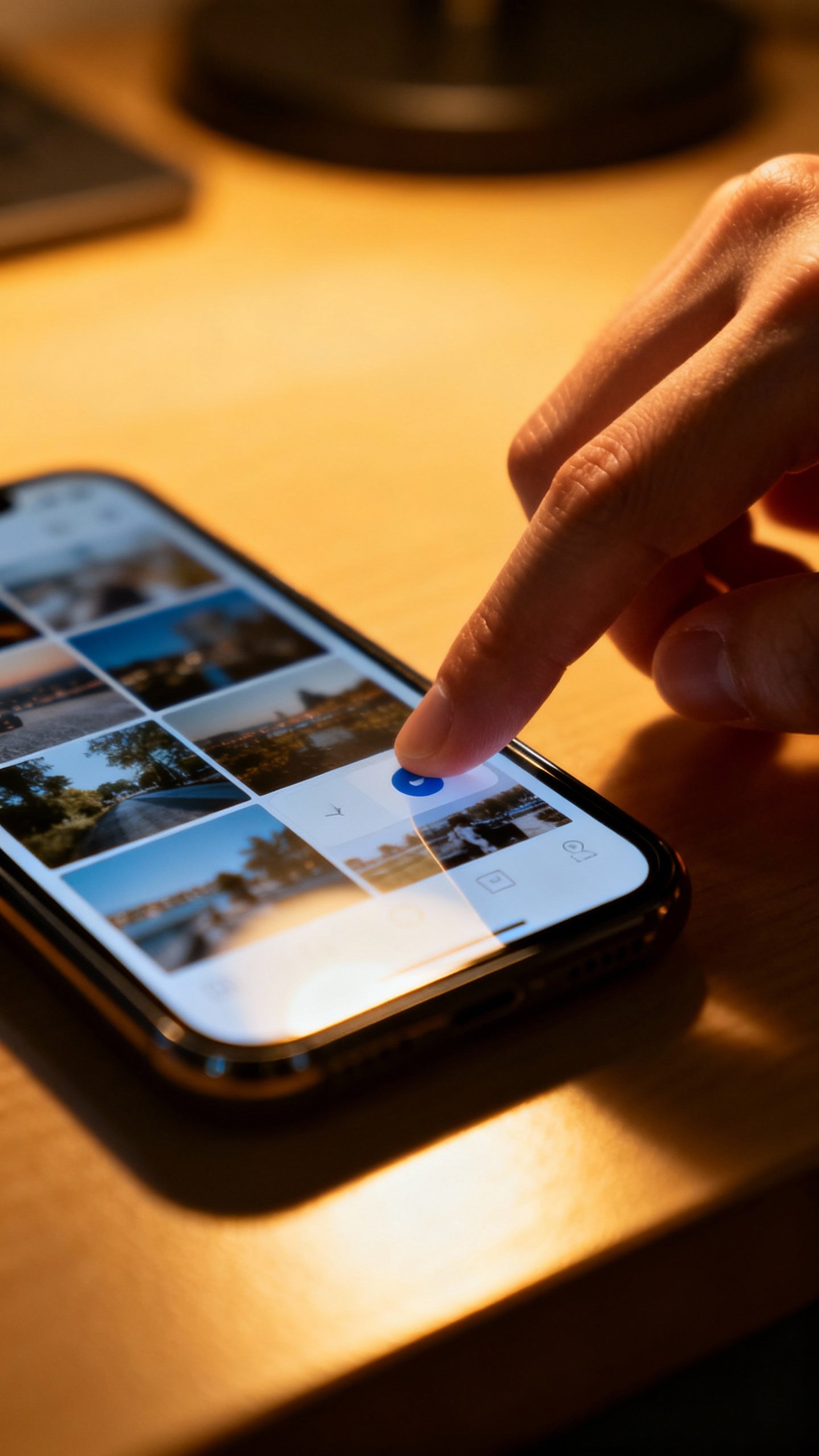 Hands deleting old screenshots from phone gallery, warm desk light