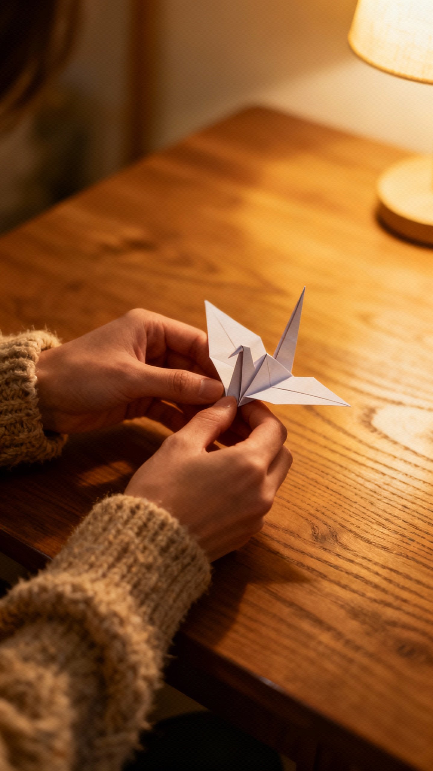 Hands folding paper crane on wooden table, soft lamp glow, cozy sweater sleeves