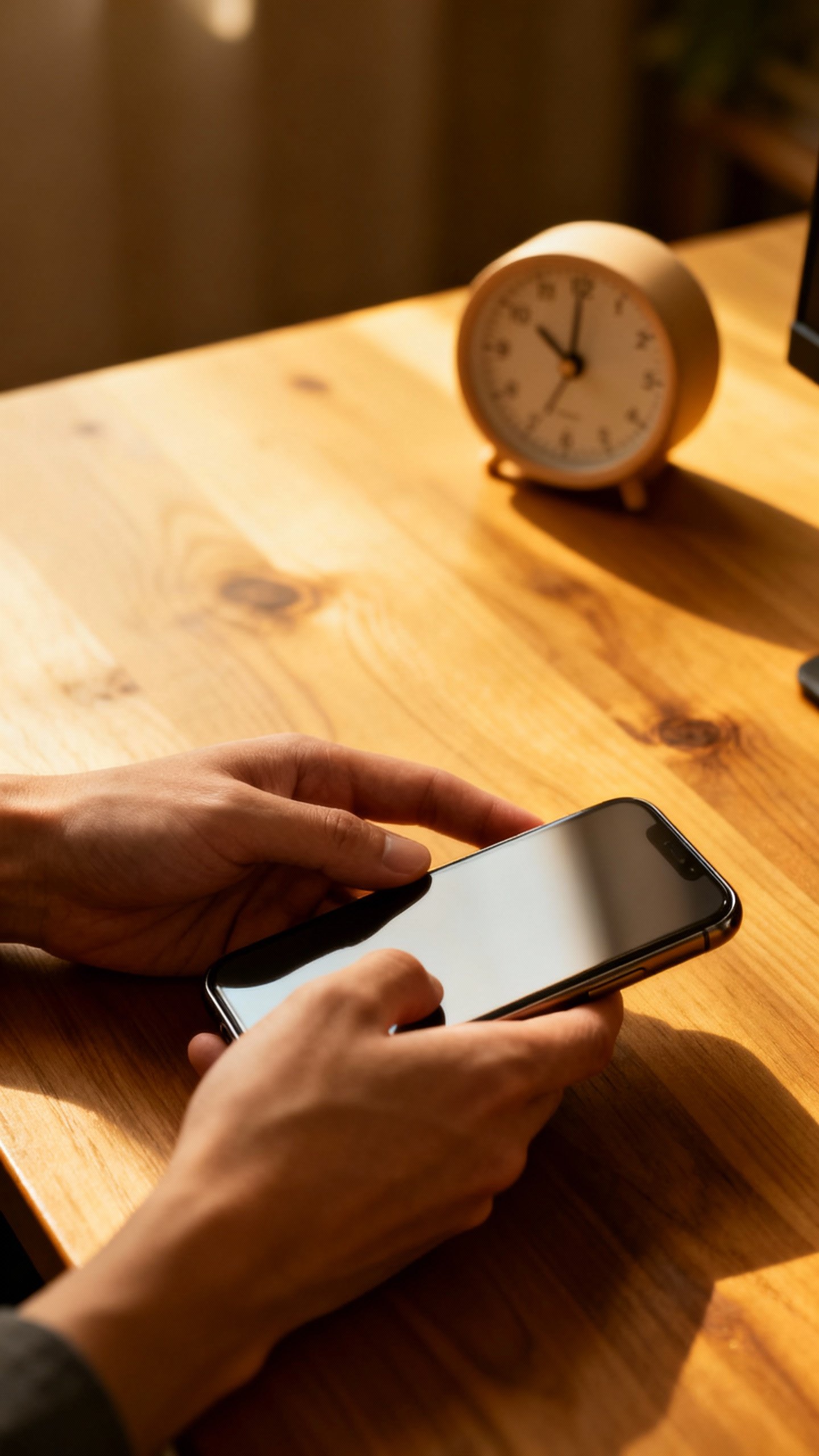 Hands holding phone face down on wooden desk, soft timer nearby