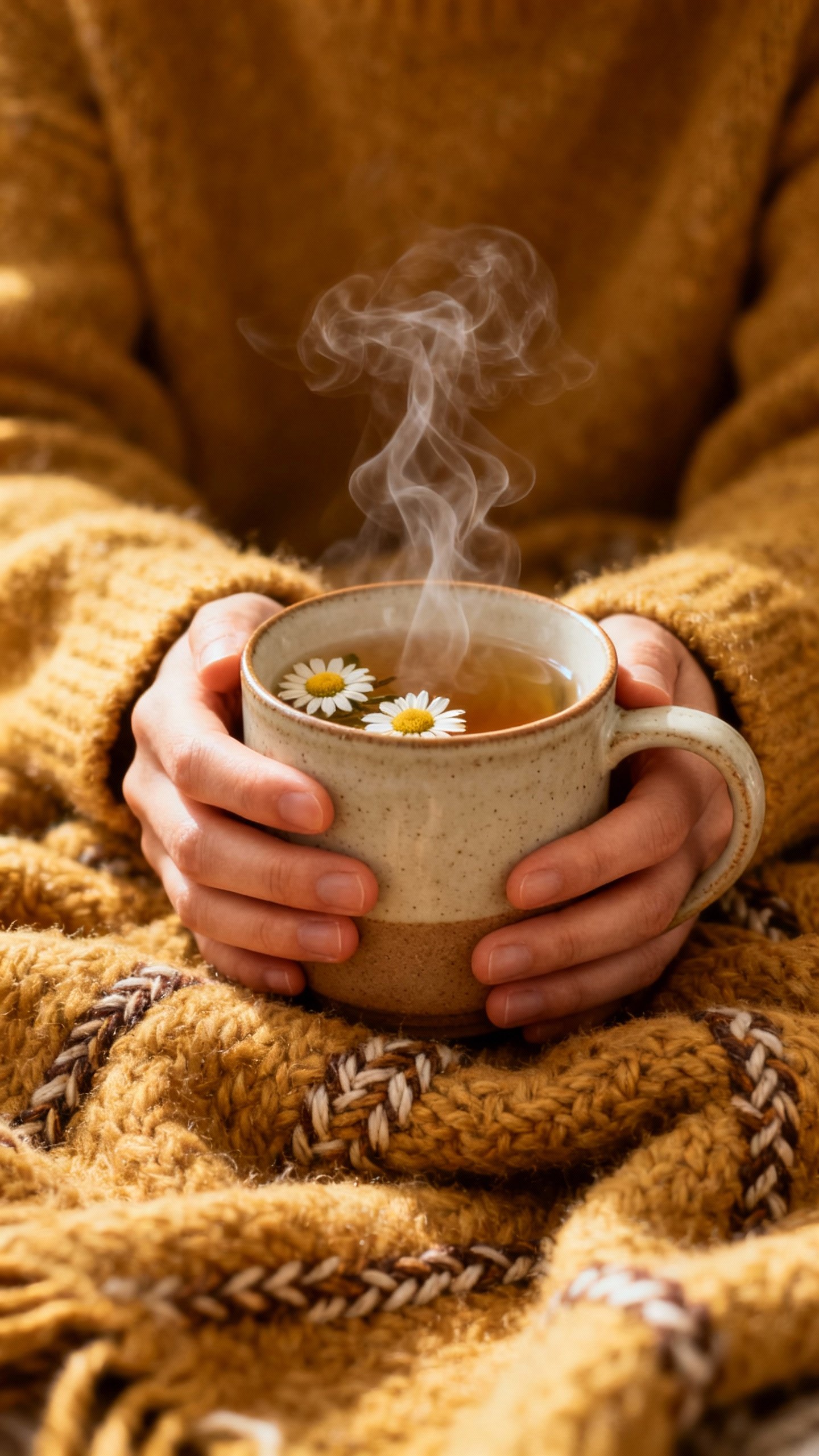 Hands holding steaming chamomile vanilla tea, wool blanket texture