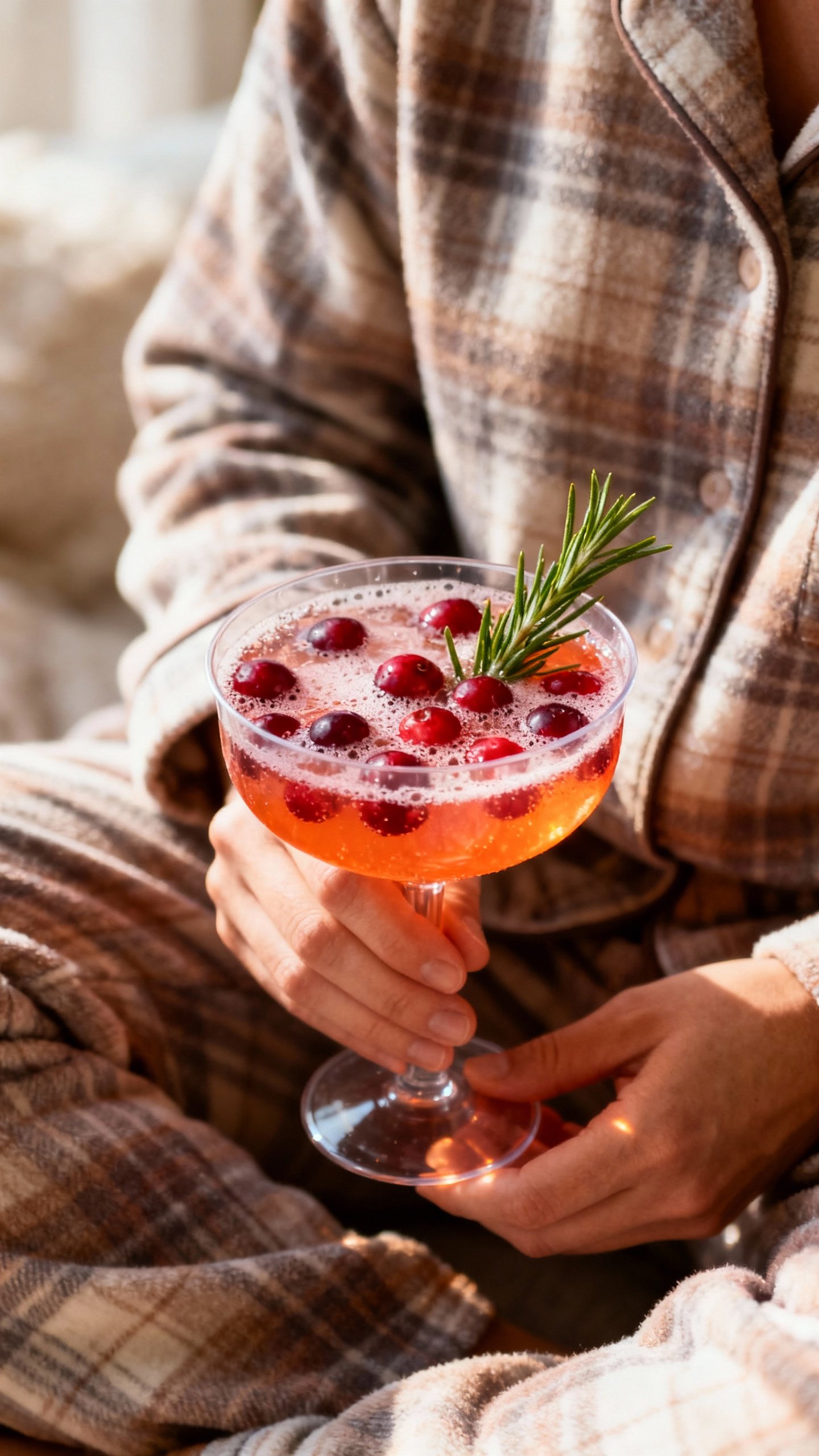 Hands in flannel pajamas holding plastic coupe with cranberry-orange spritz, rosemary, cranberries