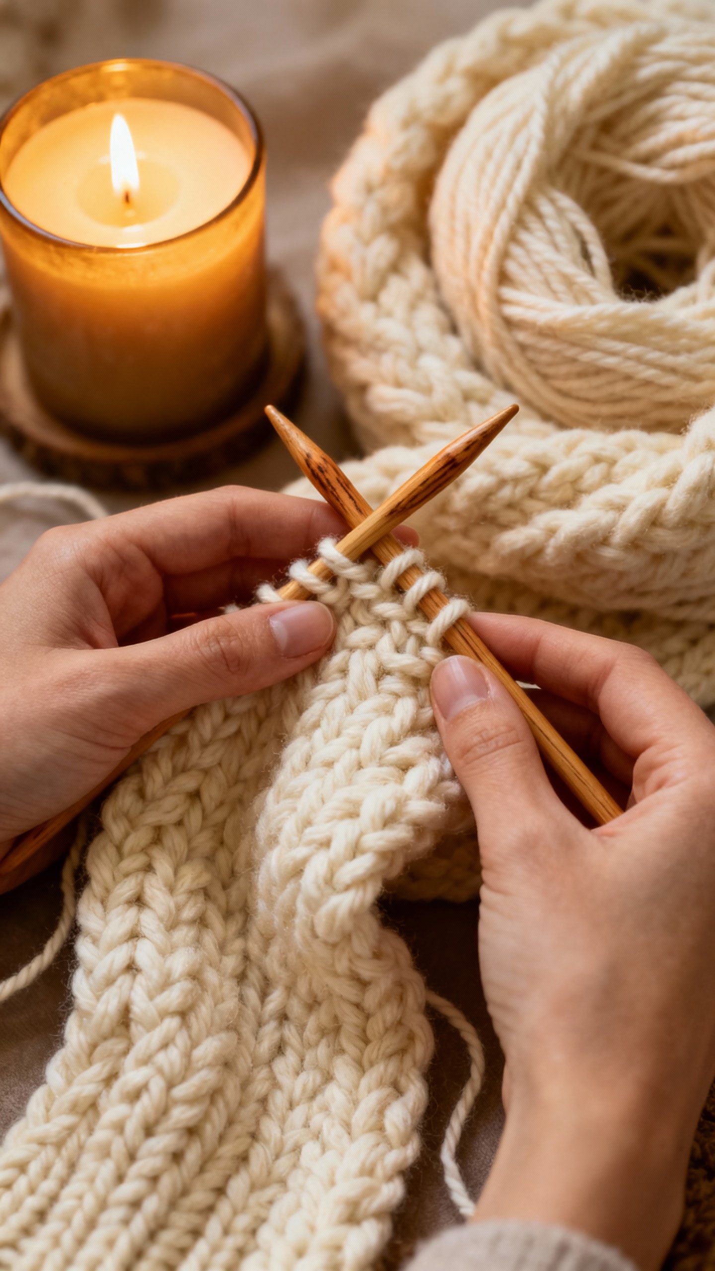 Hands knitting chunky cream scarf, wooden needles, cozy wool texture, candle nearby