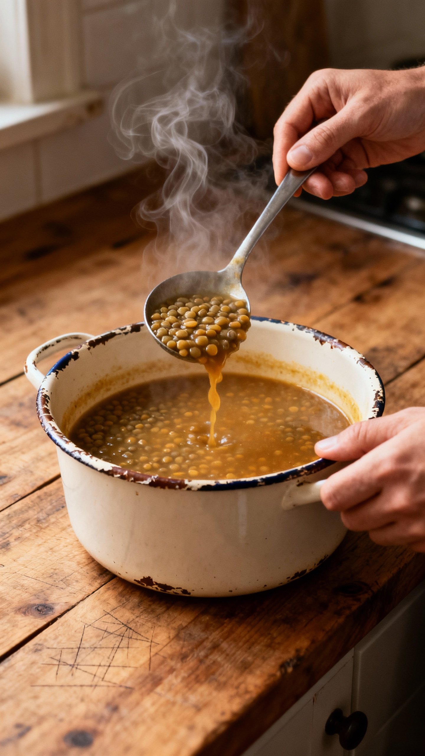 Hands ladling lentil soup from enameled pot, steam rising, rustic kitchen counter