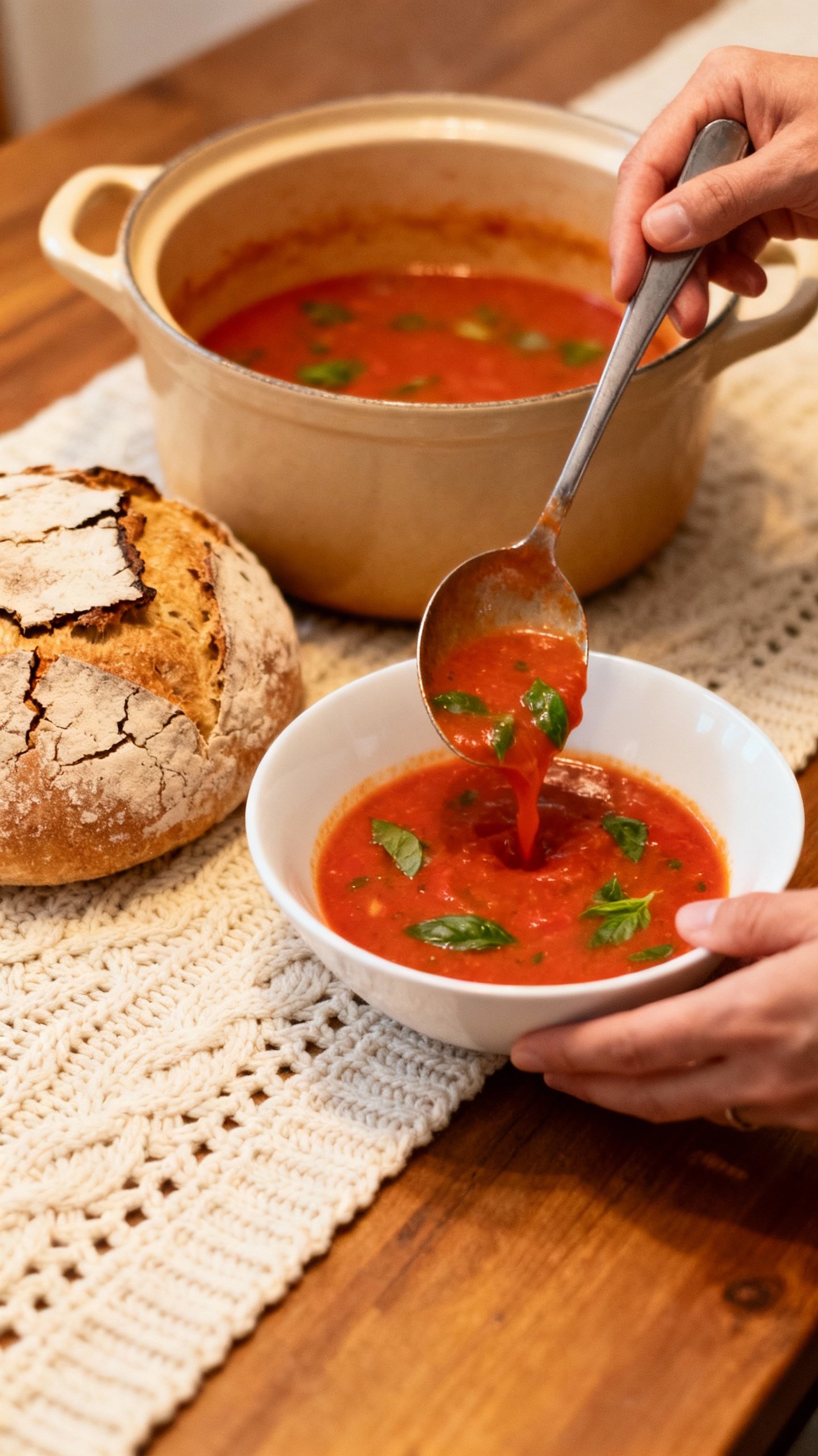 Hands ladling tomato basil soup from one-pot into bowl, sourdough loaf nearby, knit table runner