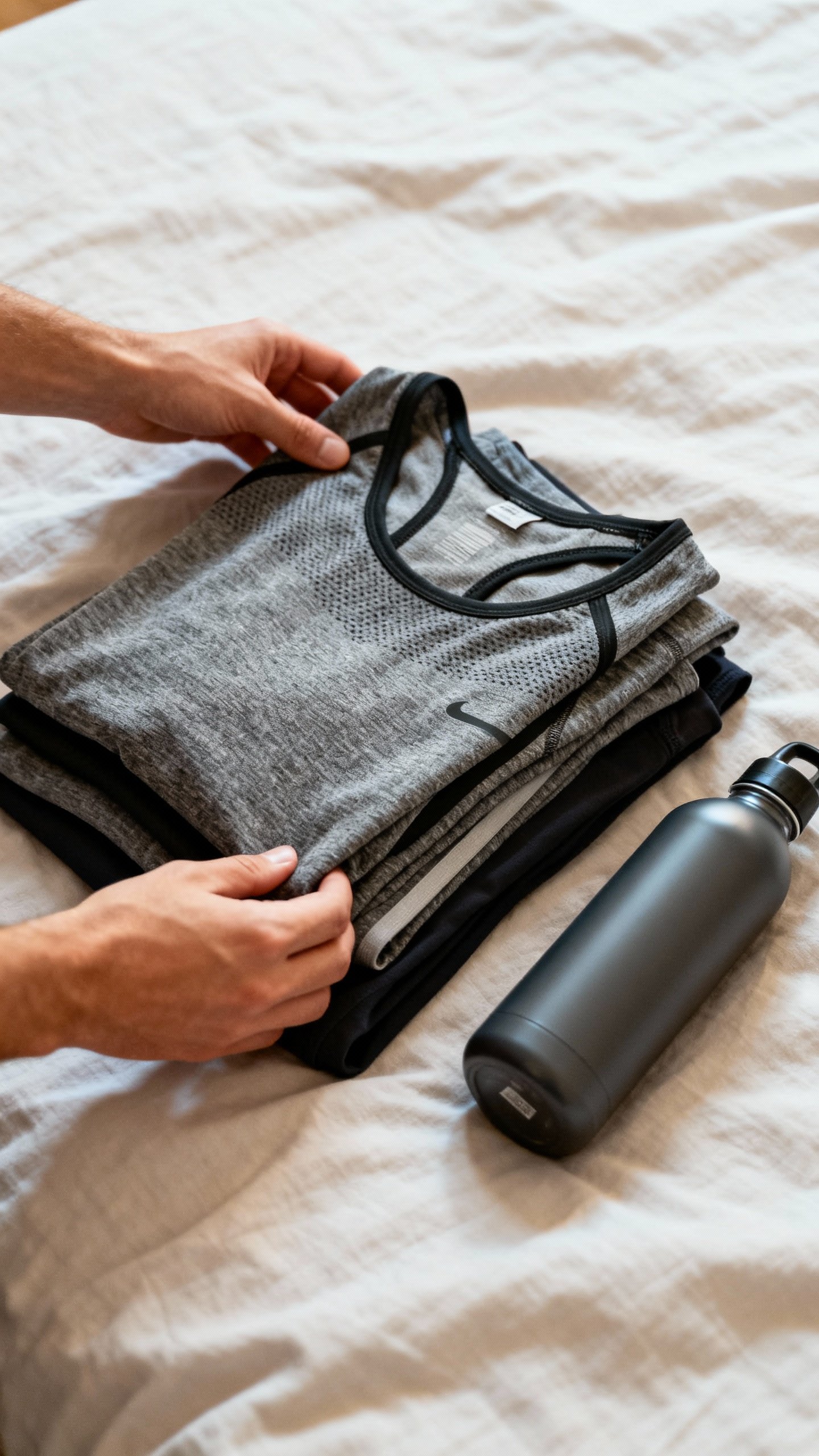 Hands laying out gym clothes and water bottle on bed