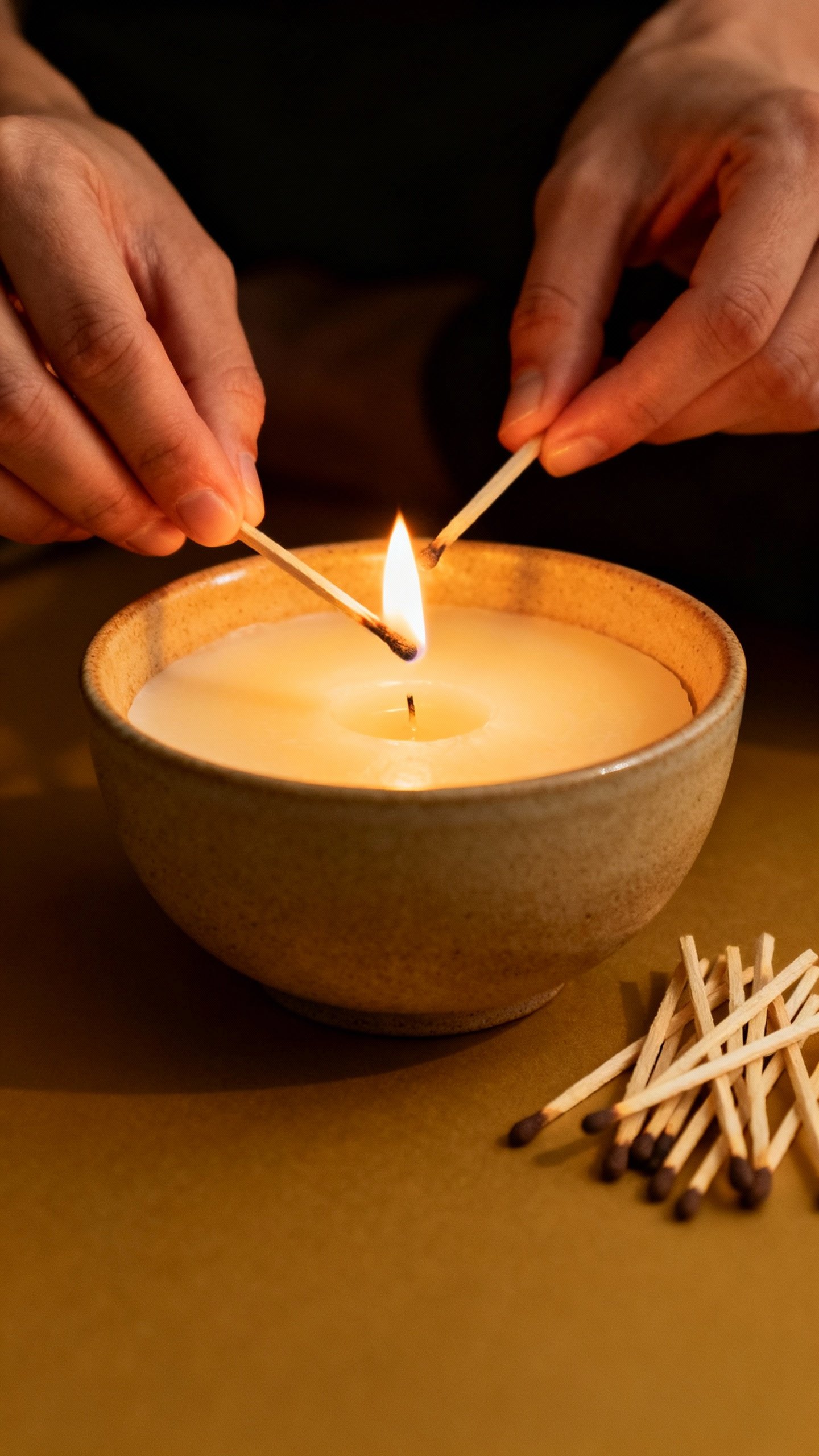 Hands lighting candle for write-and-burn ritual, ceramic bowl, matches