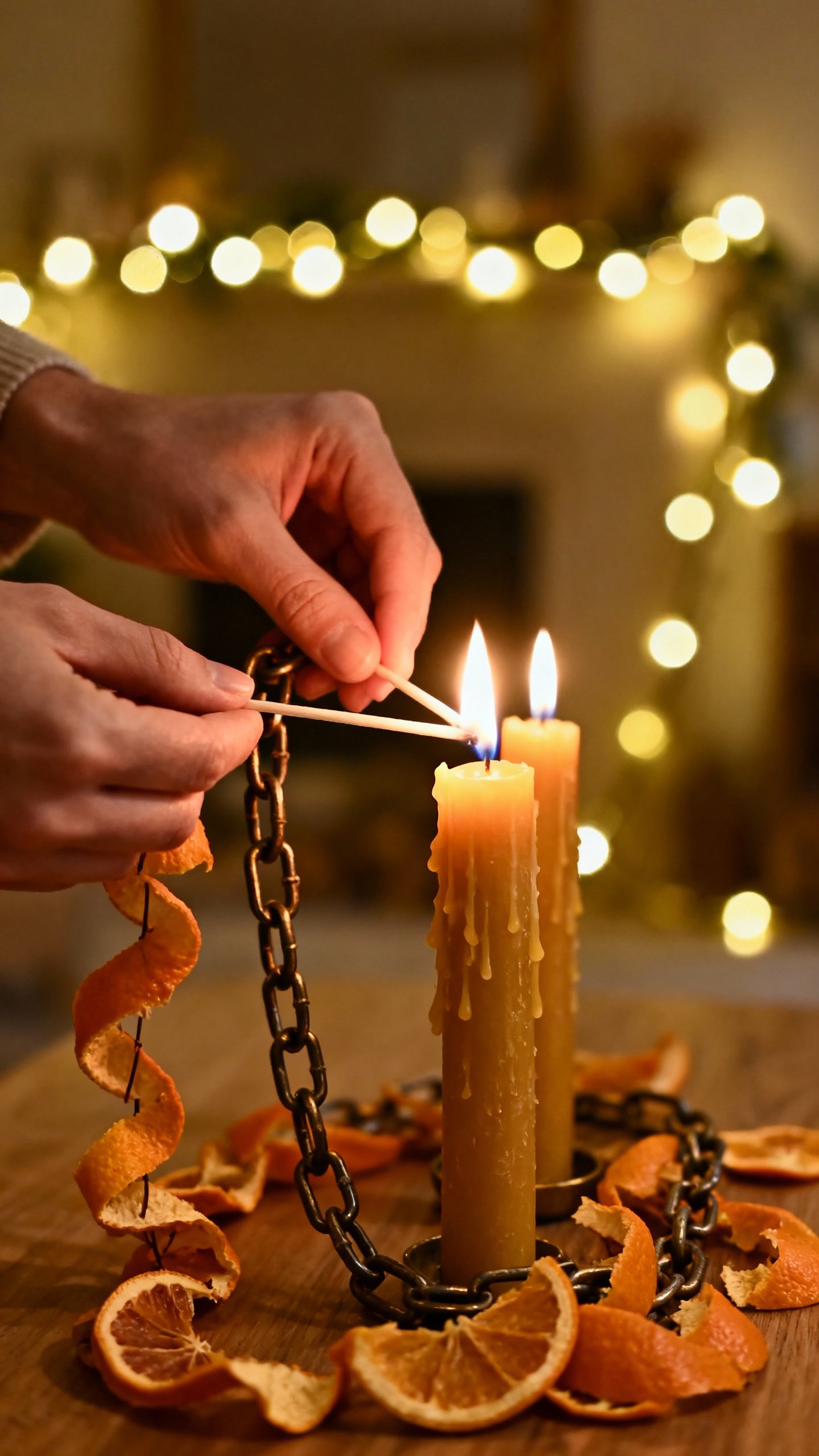 Hands lighting taper candles in chain, warm string lights, dried orange garland