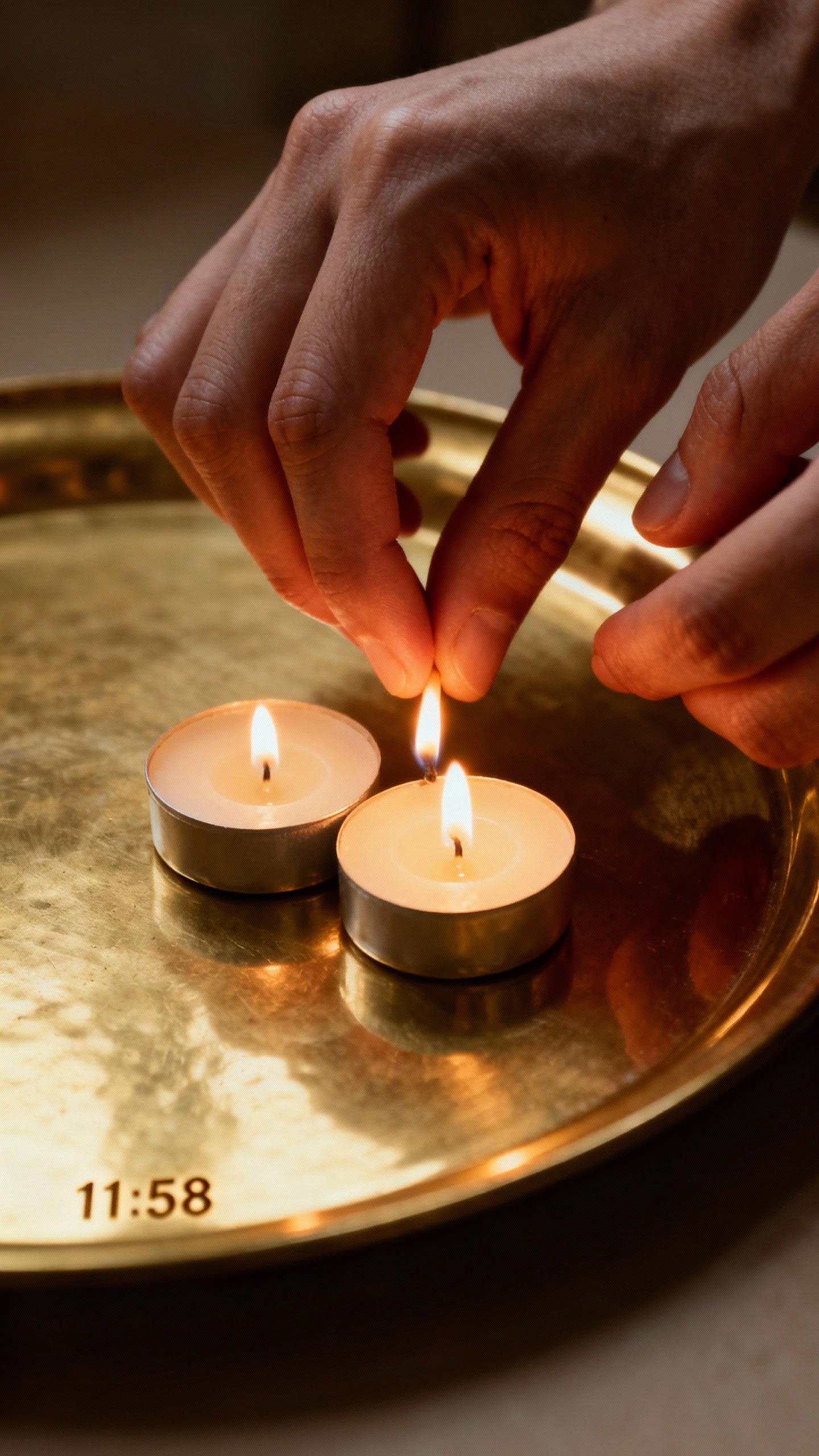 Hands lighting tea lights at 11:58 on brass tray