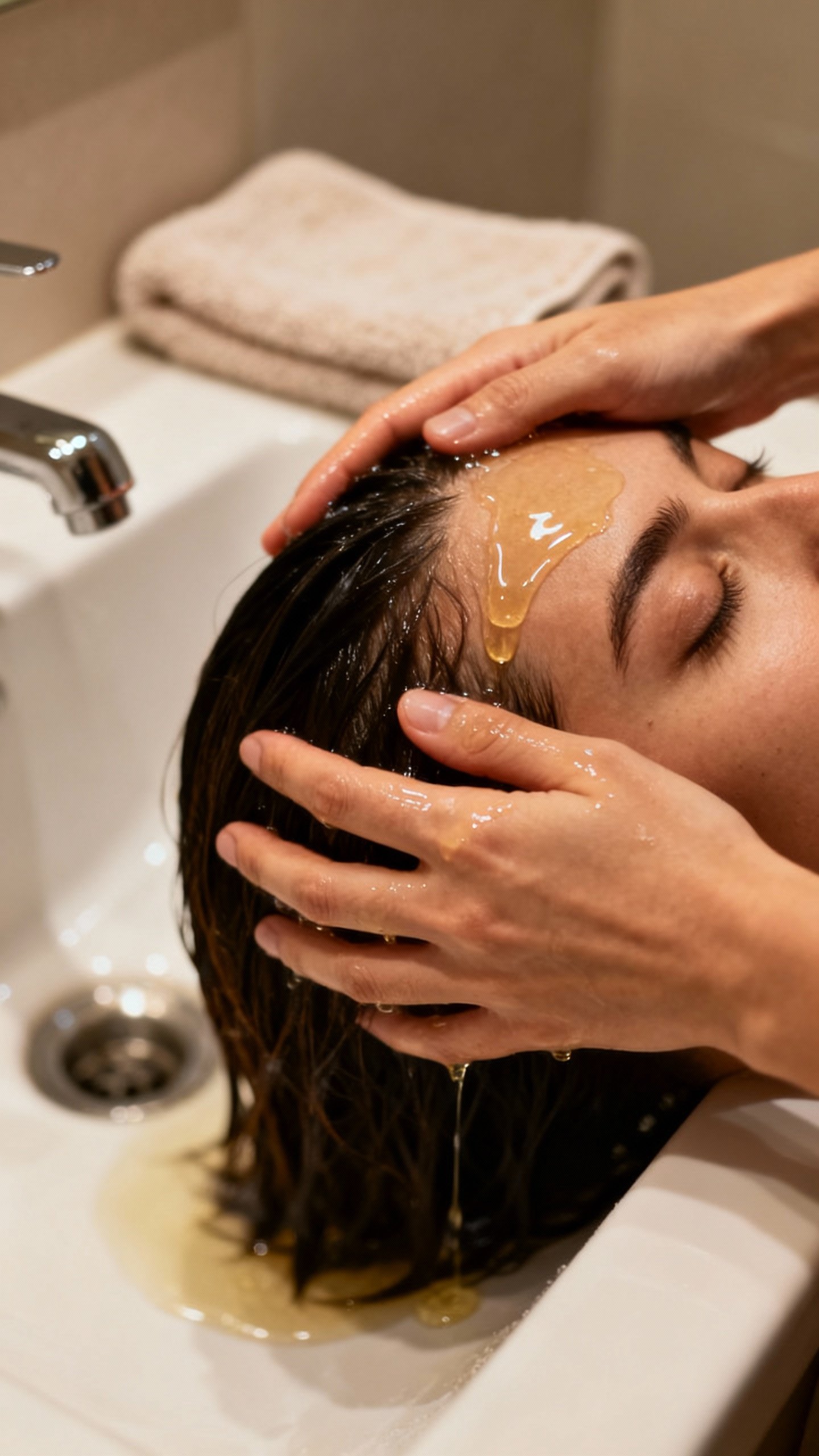 Hands massaging scalp with lightweight oil, bathroom sink, soft towel