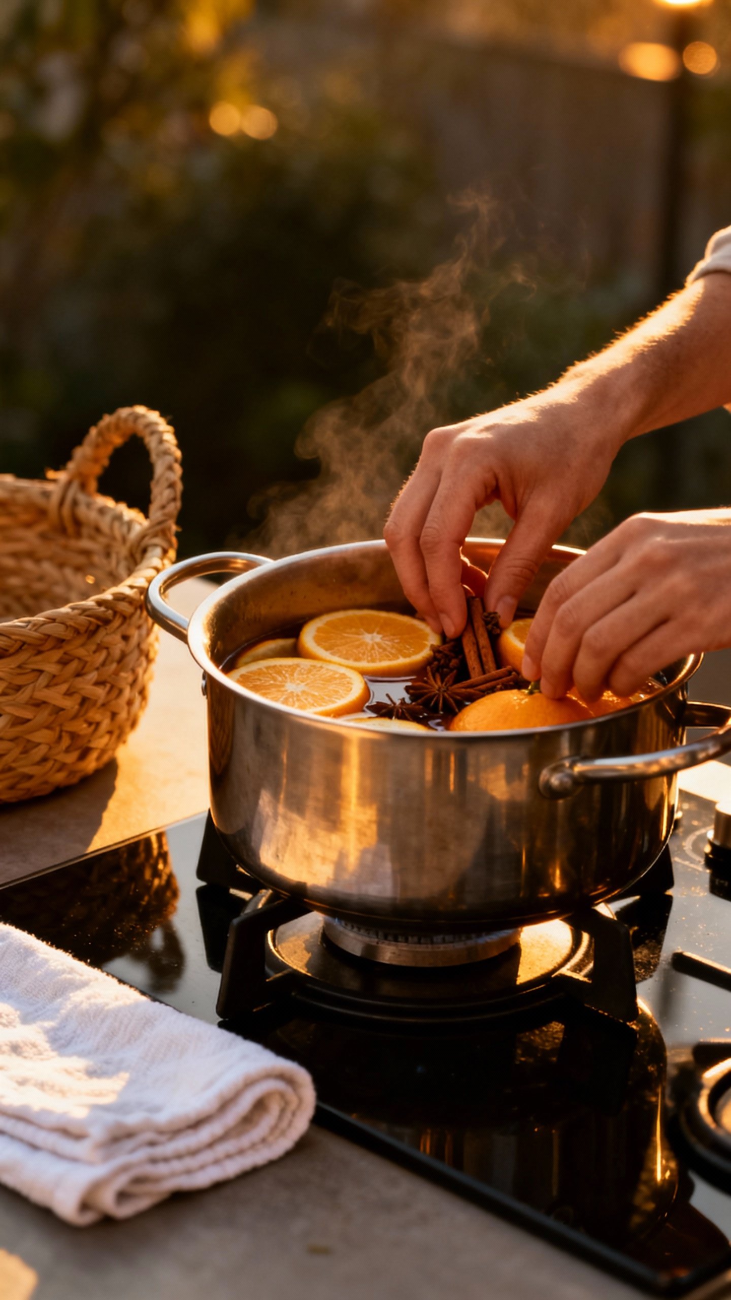Hands placing citrus and spices into simmer pot, stovetop closeup, soft evening light, woven basket 