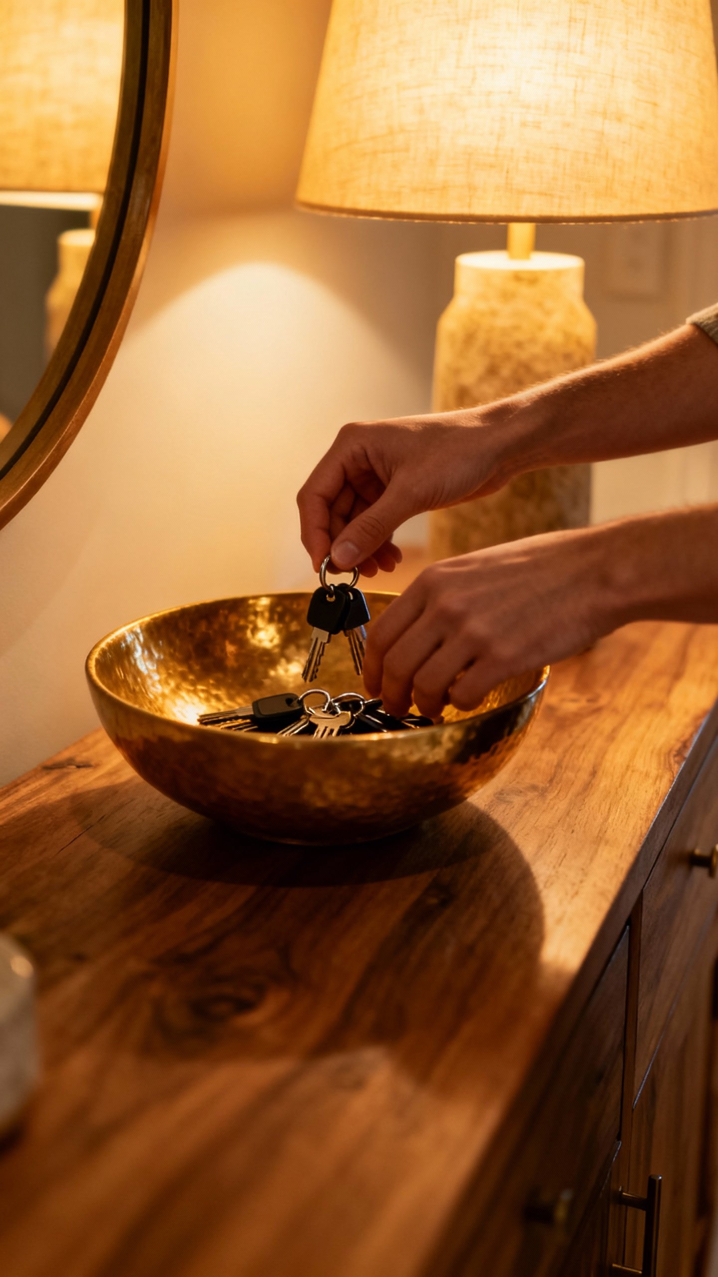Hands placing keys in entryway bowl, natural wood console, soft evening lamp glow