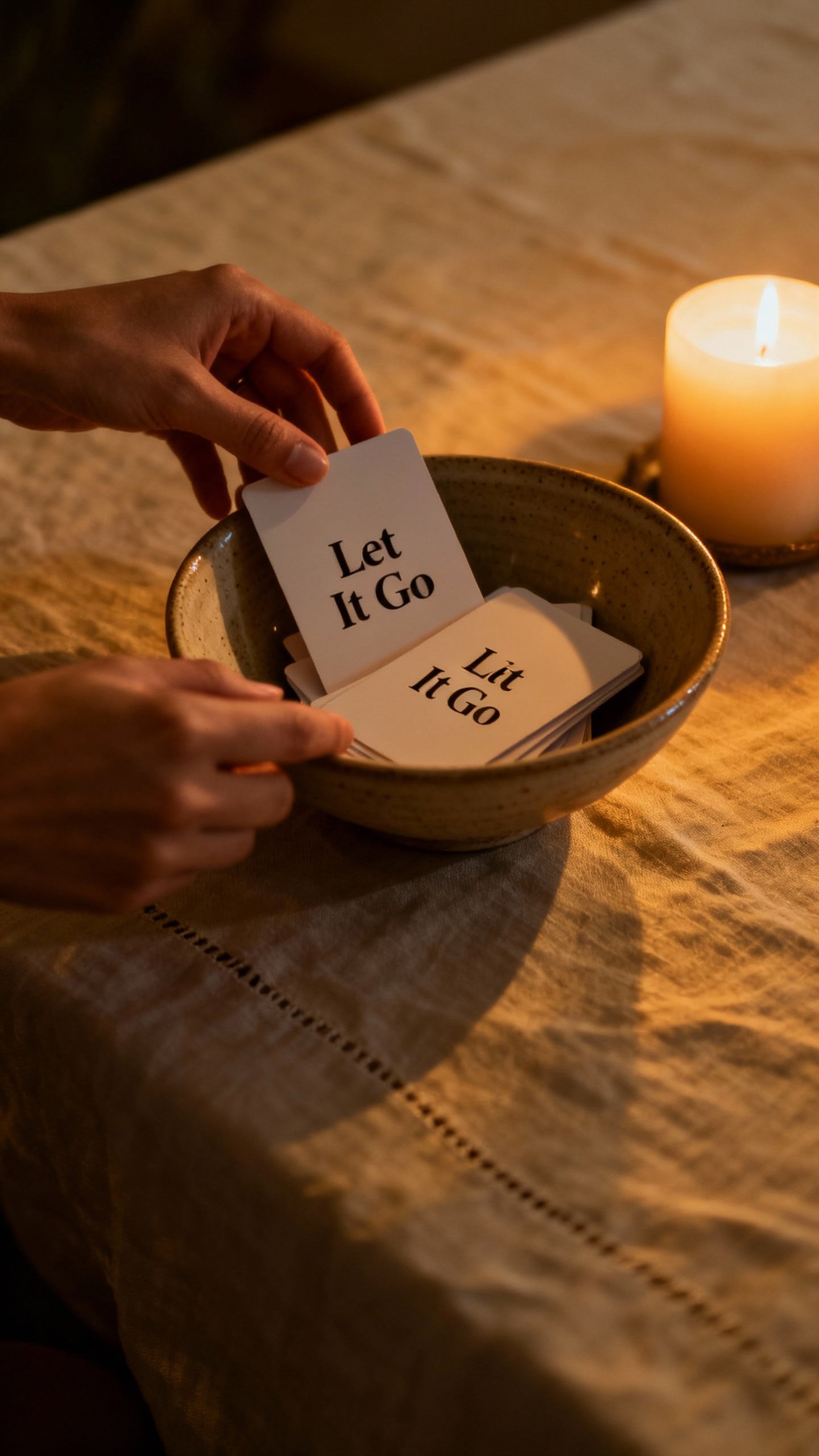 Hands placing “Let It Go” cards into ceramic bowl beside candle, soft linen table, dim ambient g