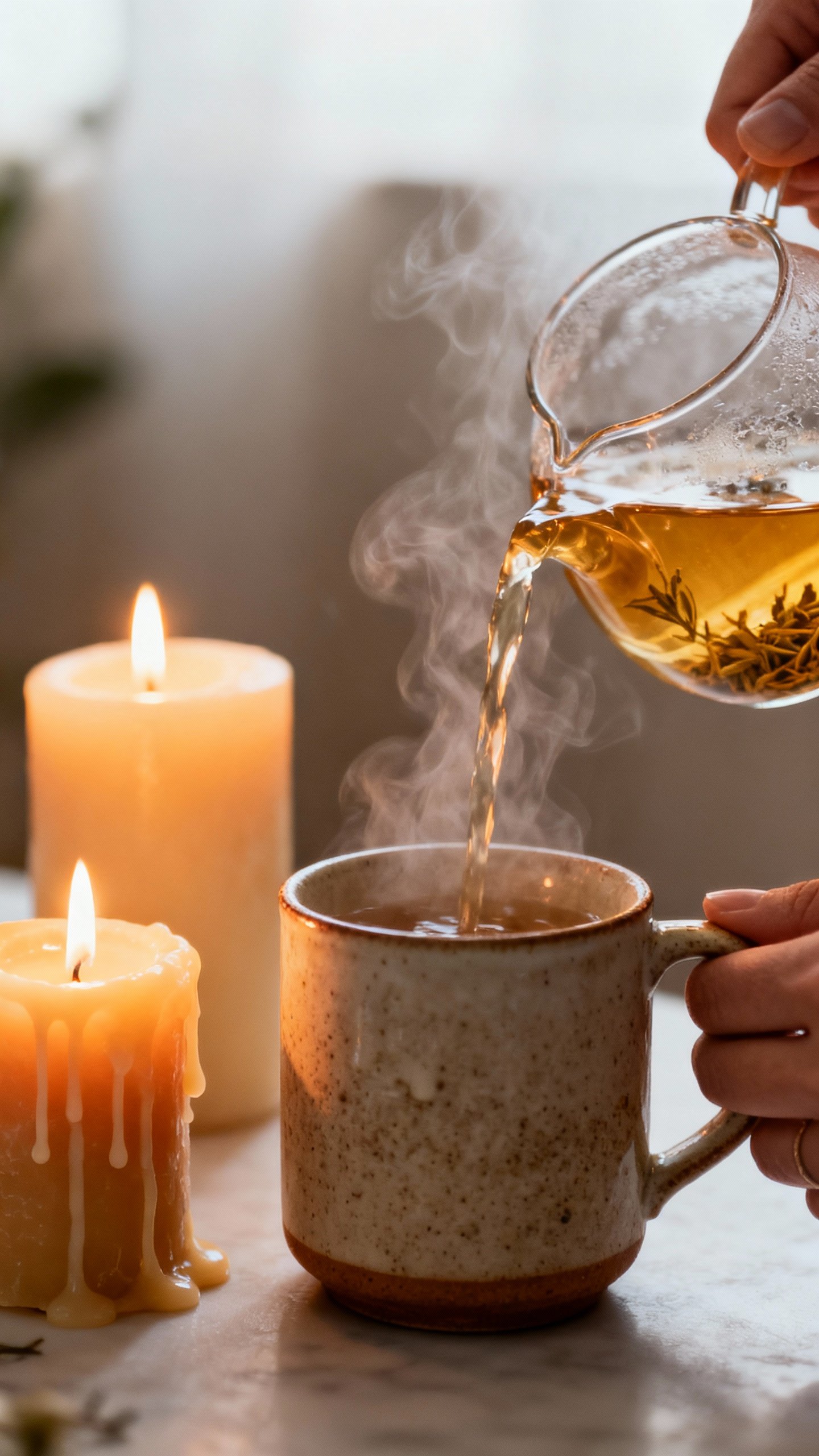 Hands pouring herbal tea into mug, candles flickering nearby