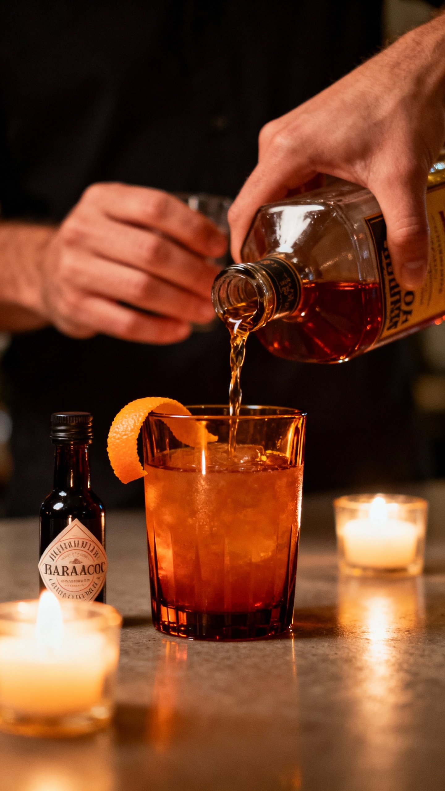 Hands pouring maple bourbon old fashioned: orange peel twist, bitters bottle, amber glass, candlelit