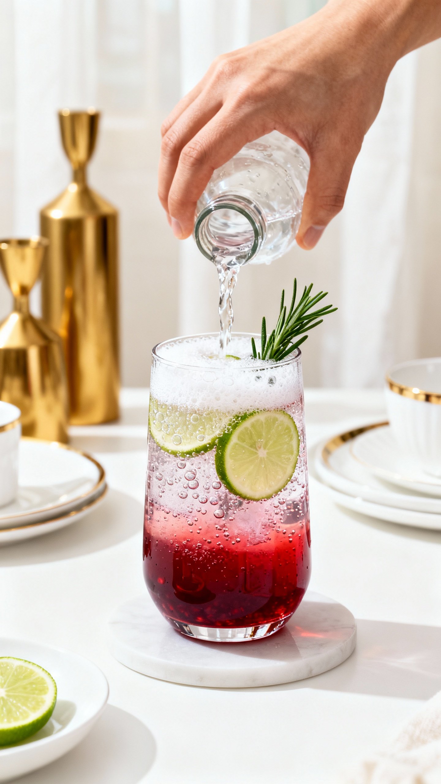 Hands pouring mocktail—sparkling water, pomegranate juice, lime, rosemary—gold and white decor