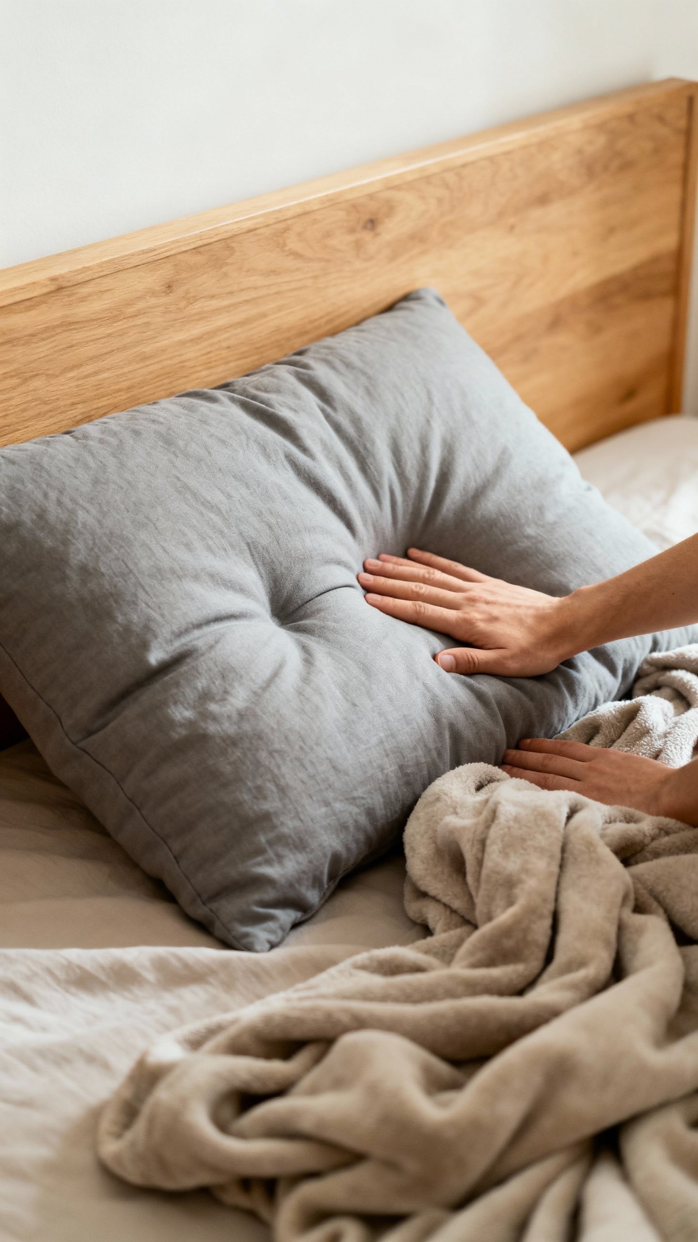Hands pressing soft gray pillow, rumpled blanket, cozy bedroom