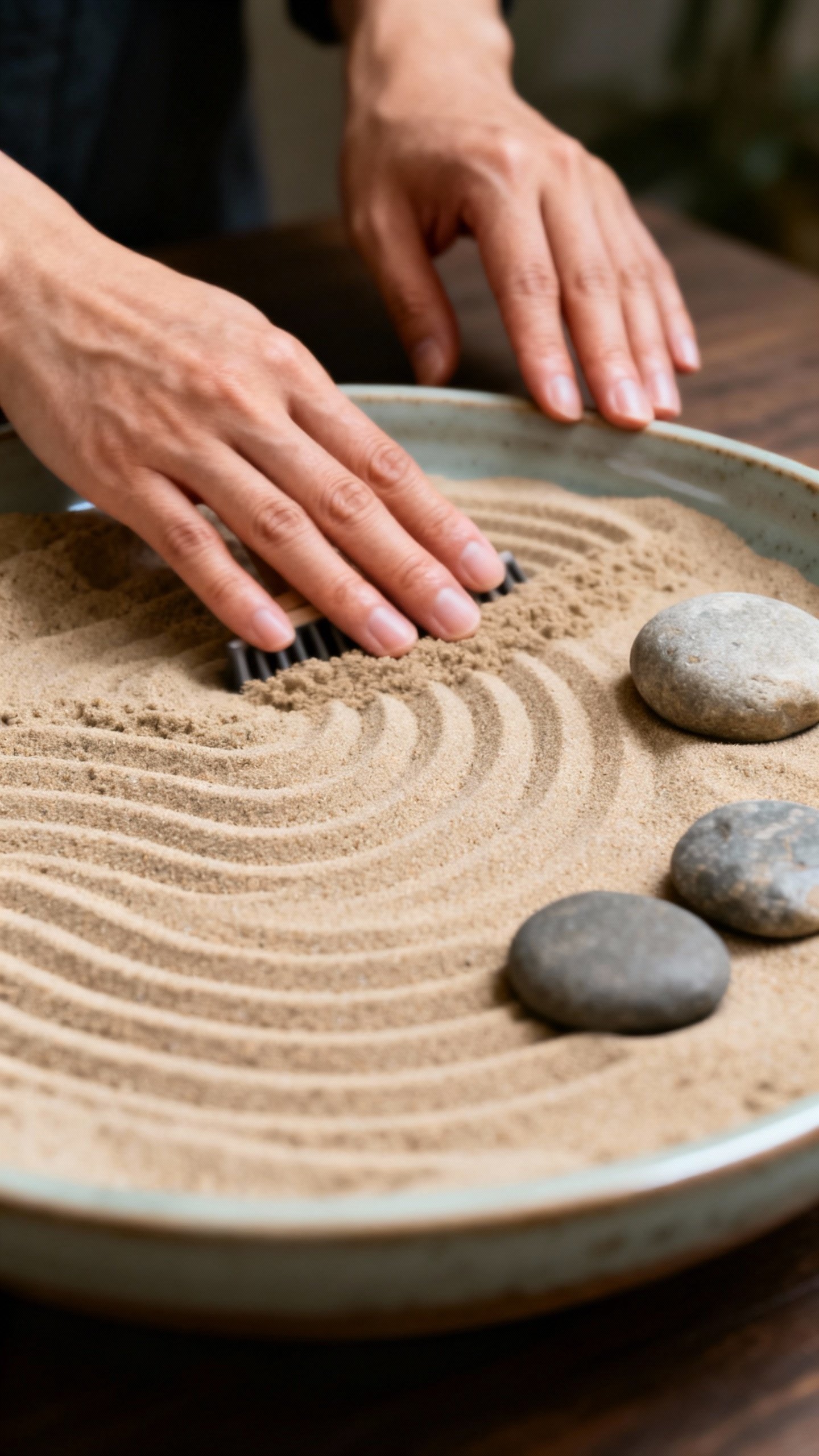 Hands raking mini zen garden in shallow dish