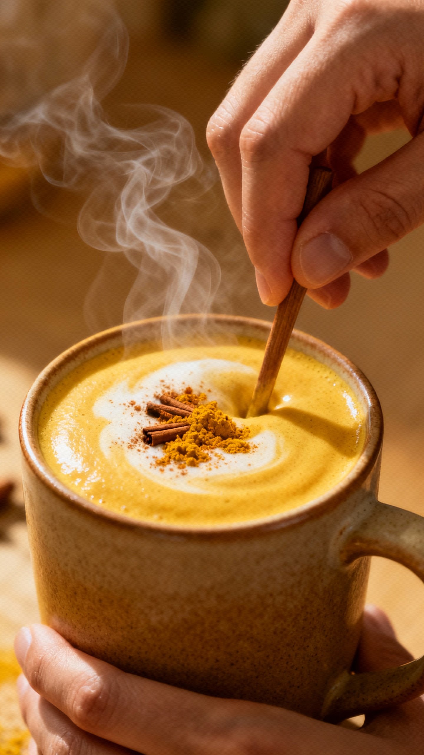 Hands stirring golden milk latte in ceramic mug, steam, cinnamon, turmeric