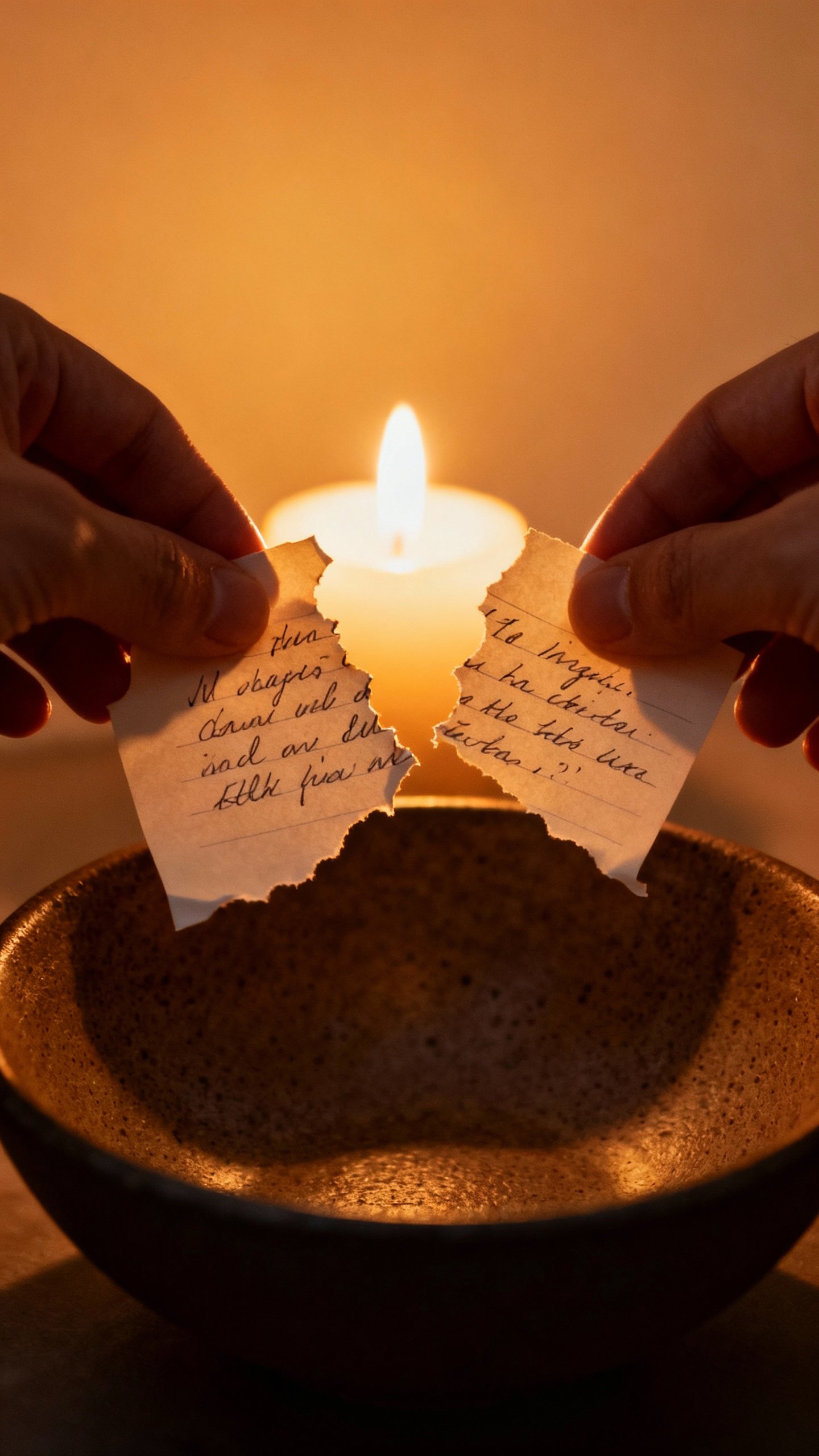 Hands tearing handwritten note over fireproof bowl, soft candlelight