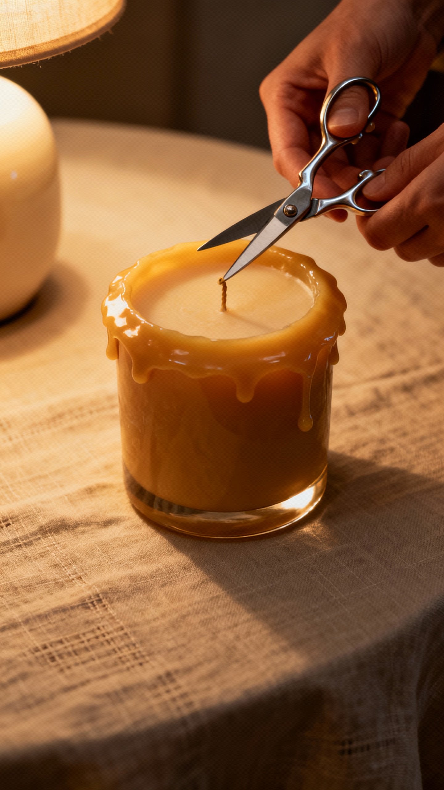 Hands trimming candle wick to 1/4 inch with silver scissors, melted wax pool edge-to-edge, linen tab